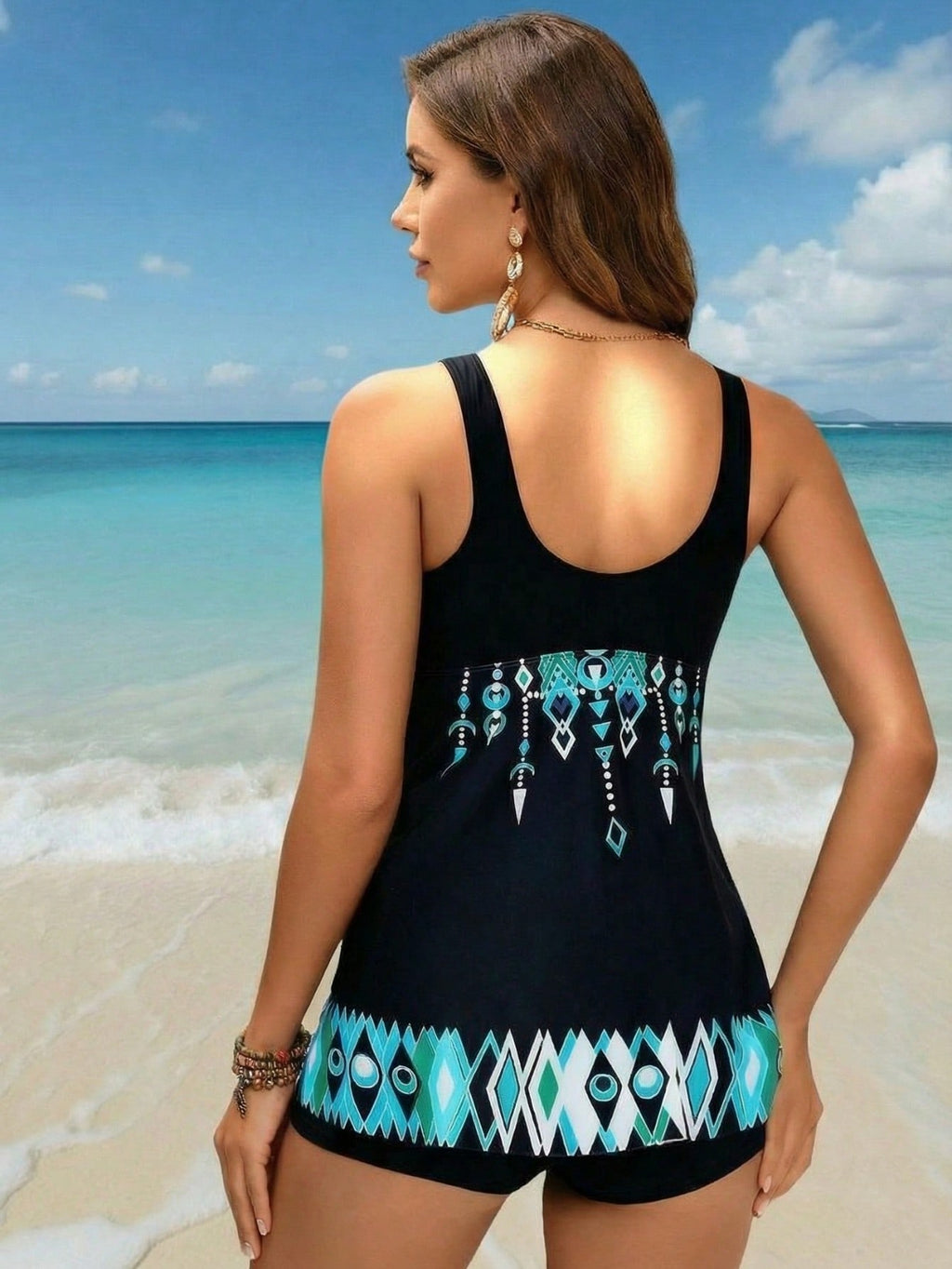 2026 New Ethnic Geometric Print Swimdress, V-Neck Sleeveless & Built-in Shorts, Tummy Control Modest Swimwear