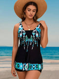 2026 New Ethnic Geometric Print Swimdress, V-Neck Sleeveless & Built-in Shorts, Tummy Control Modest Swimwear