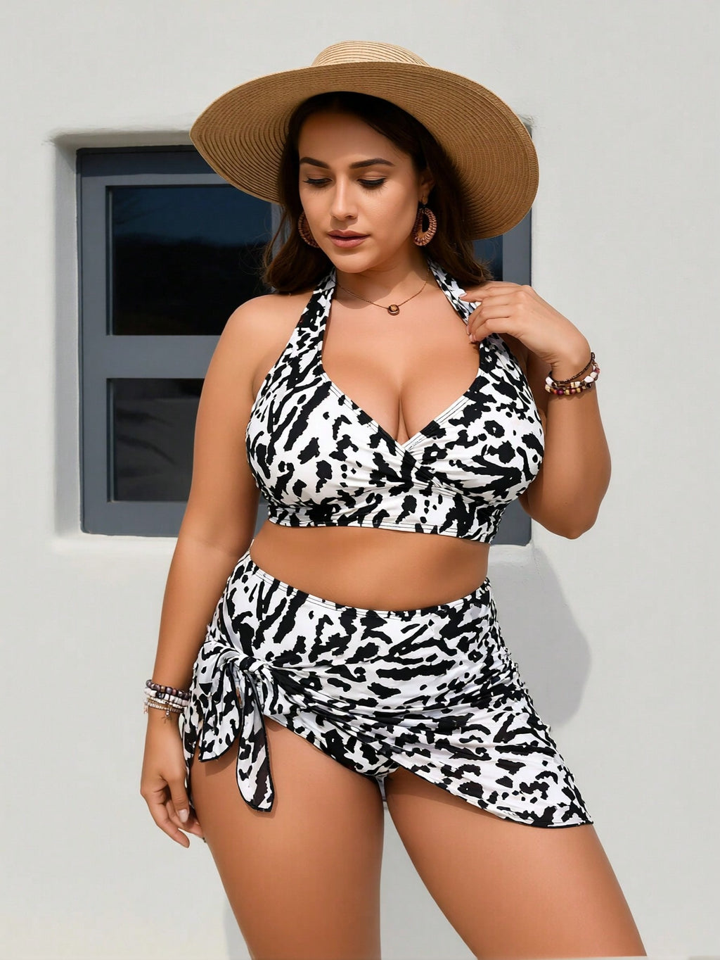 2026 New Zebra Print Halter Bikini Set With Tie Skirt Cover Up, Plus Size Slimming 3 Piece Swimwear