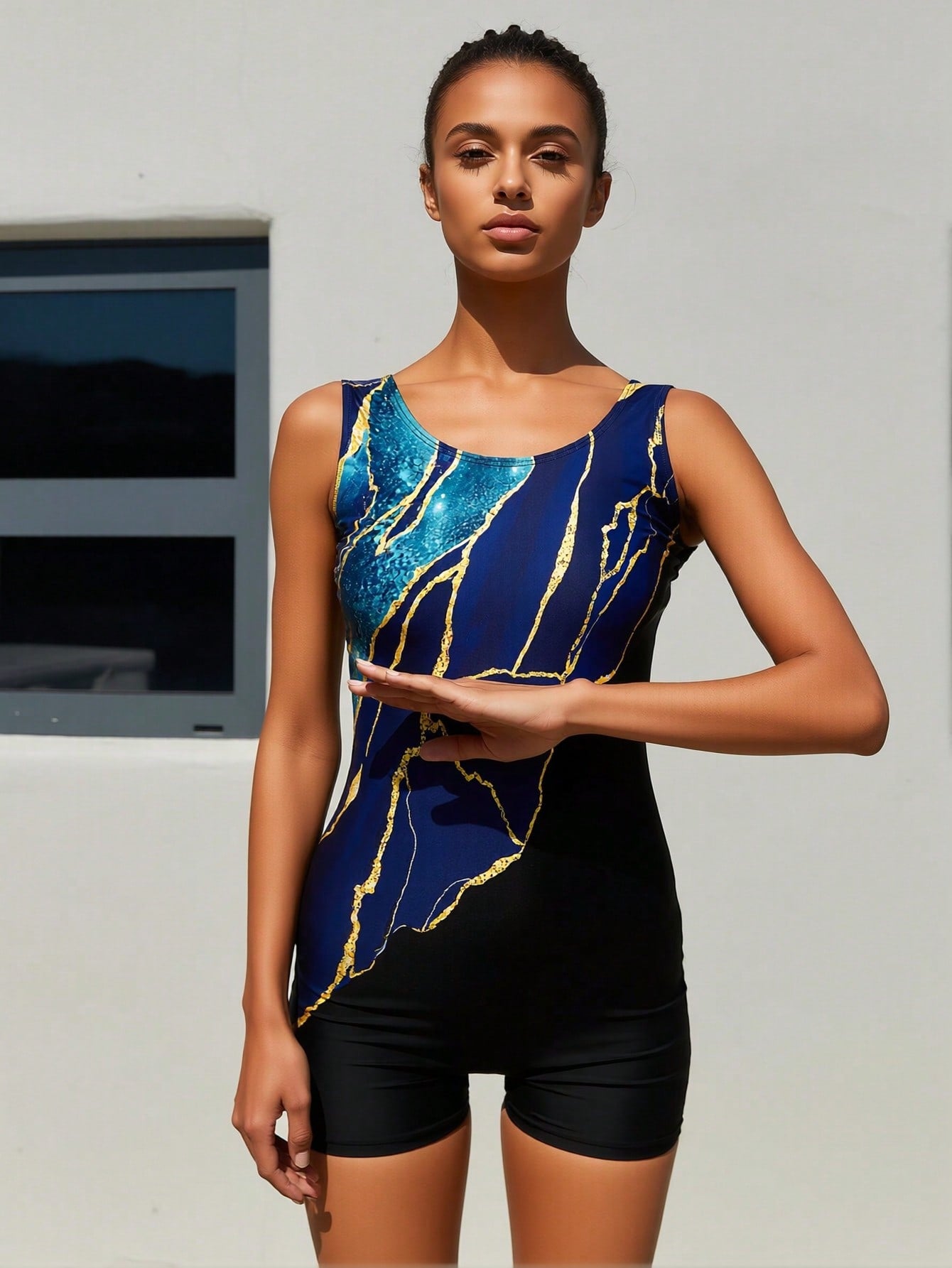 2026 New Gold Foil Crack One-Piece Boyleg Swimsuit, Sleeveless Round Neck & Color Block, Tummy Control Modest Swimwear