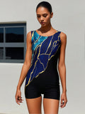 2026 New Gold Foil Crack One-Piece Boyleg Swimsuit, Sleeveless Round Neck & Color Block, Tummy Control Modest Swimwear