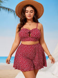 2026 New Red Floral Print Bikini, Plus Size High Waist Skirted Two Piece Vacation Swimsuit