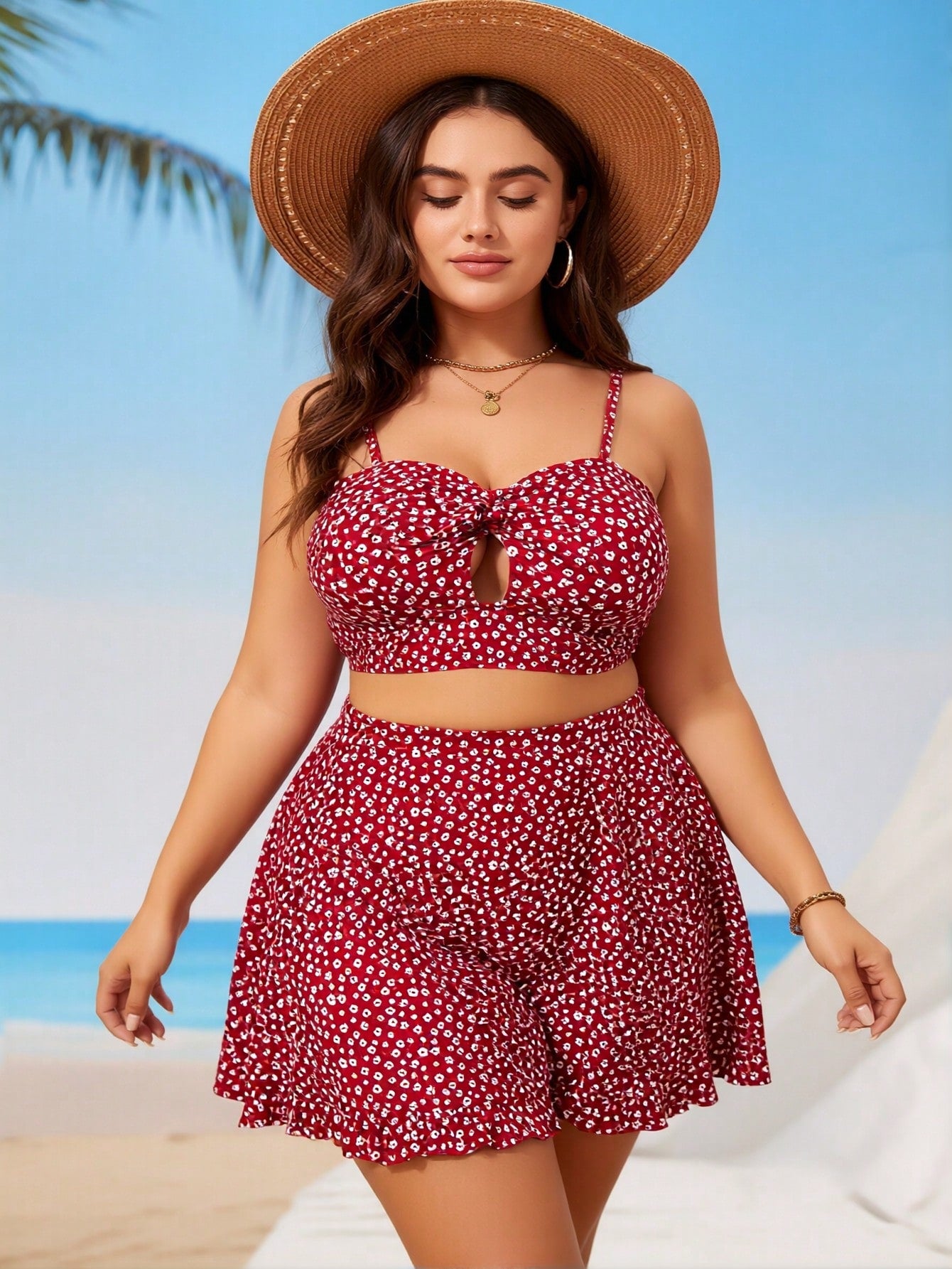 2026 New Red Floral Print Bikini, Plus Size High Waist Skirted Two Piece Vacation Swimsuit