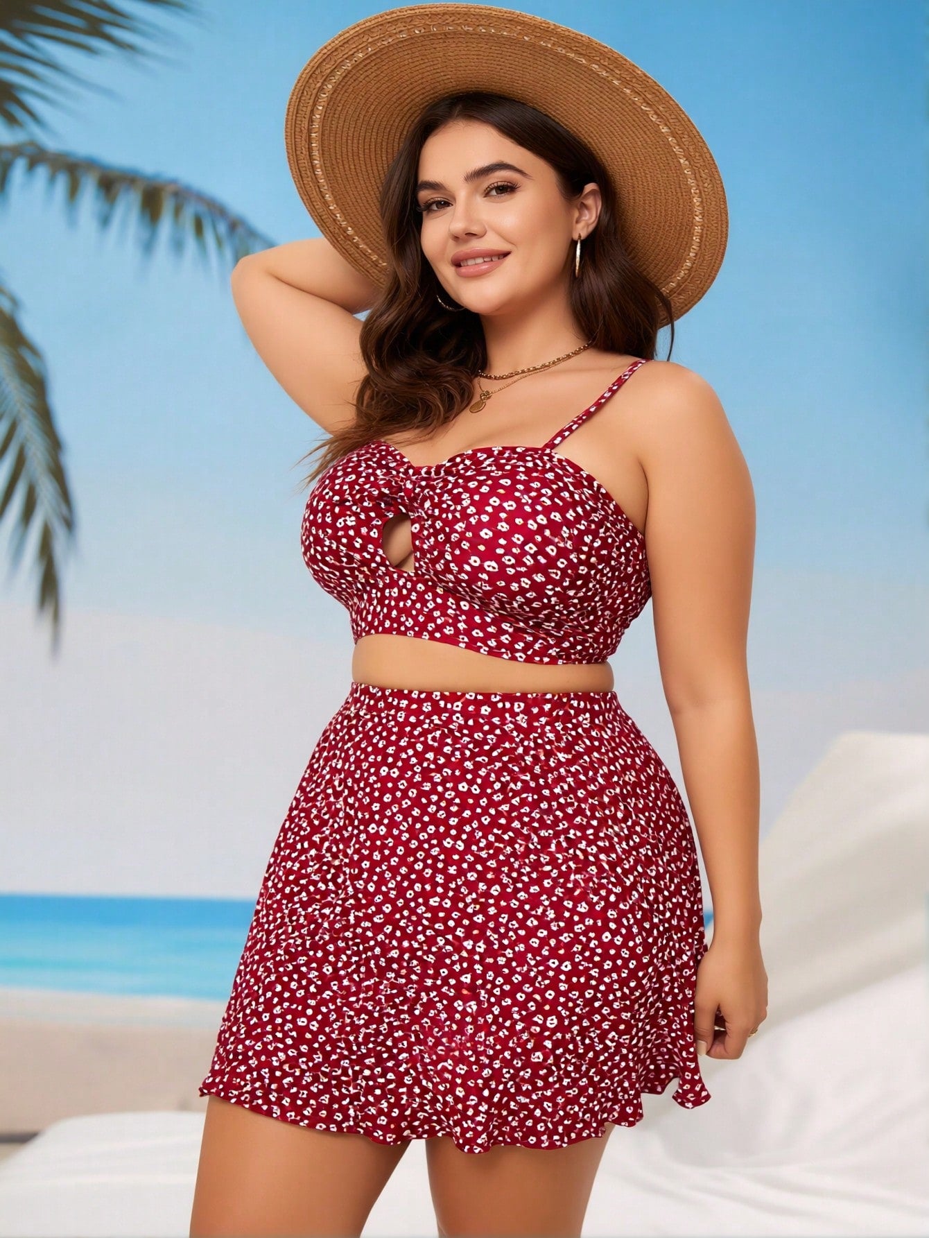 2026 New Red Floral Print Bikini, Plus Size High Waist Skirted Two Piece Vacation Swimsuit
