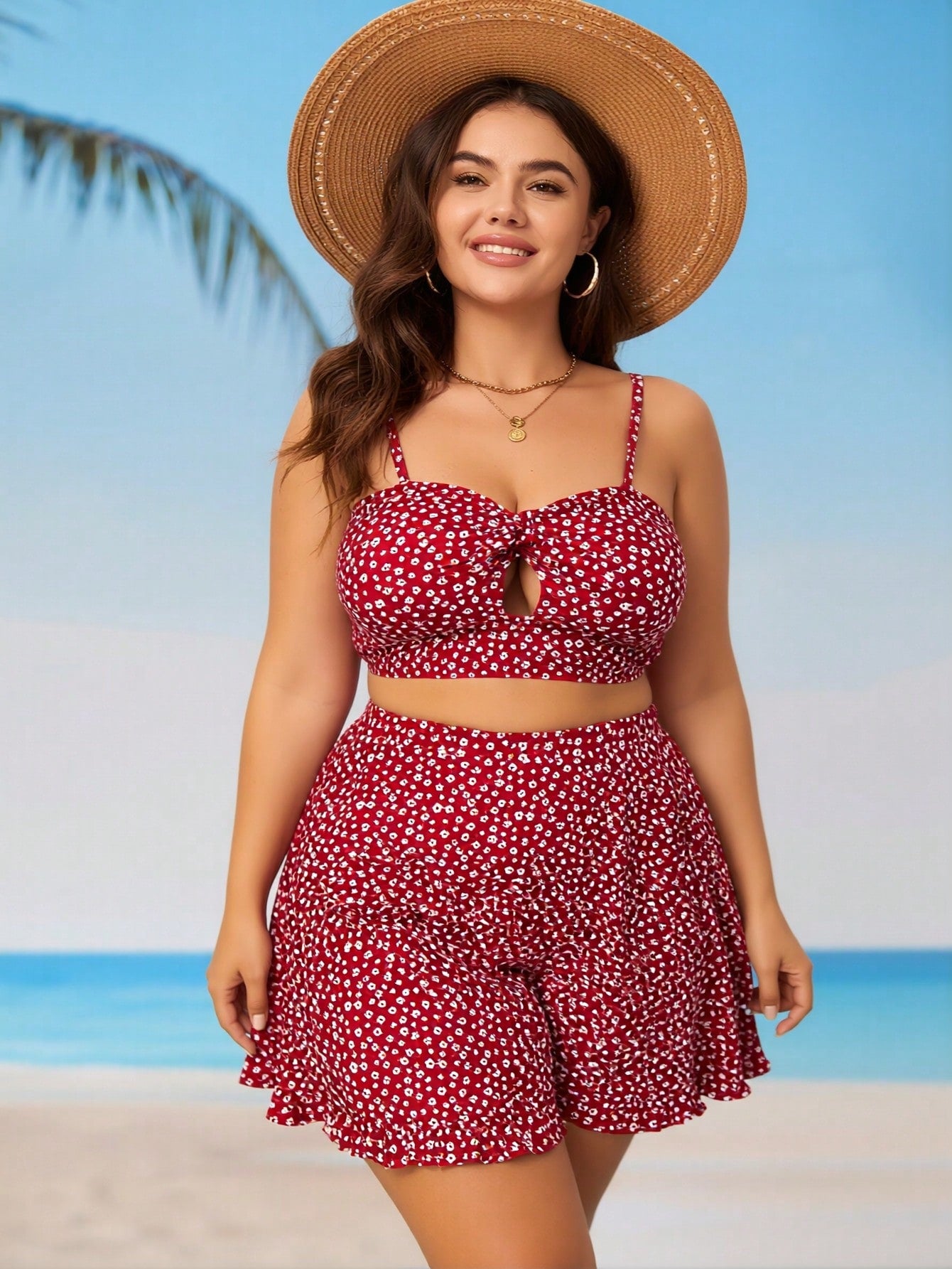 2026 New Red Floral Print Bikini, Plus Size High Waist Skirted Two Piece Vacation Swimsuit