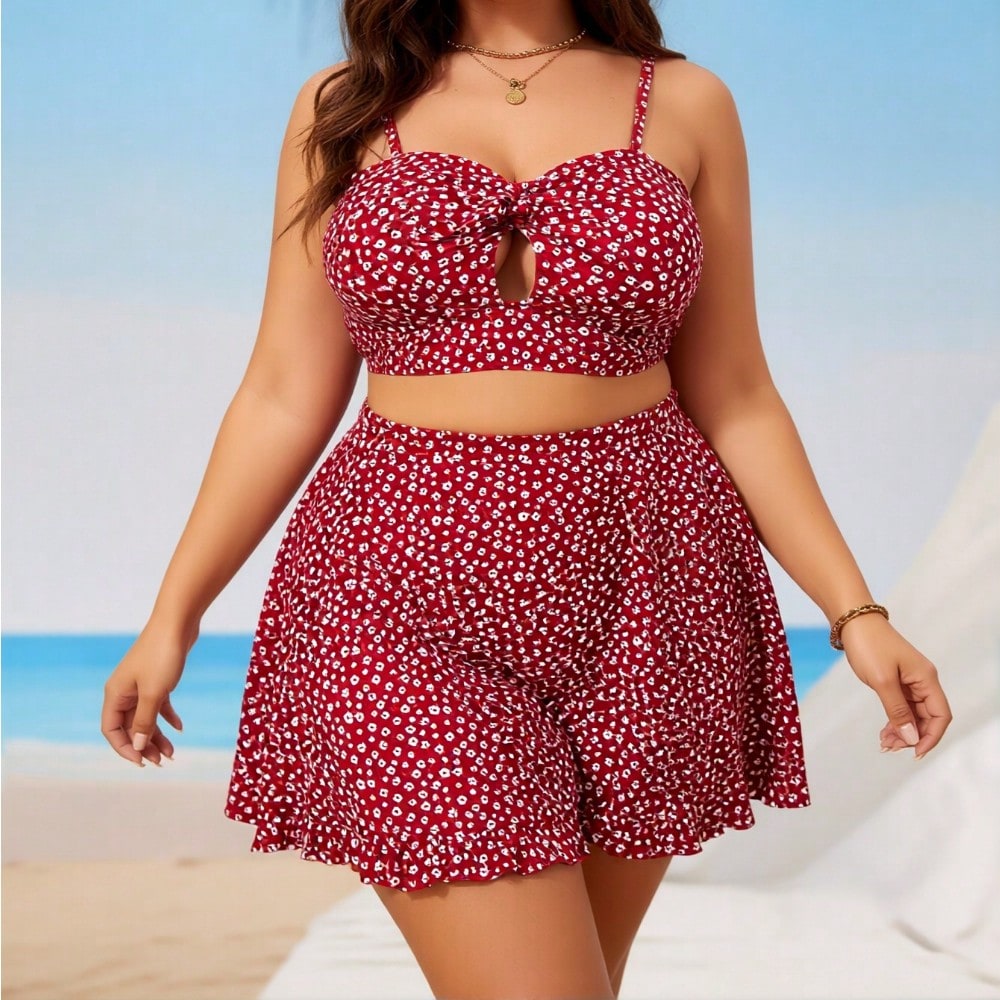 2026 New Red Floral Print Bikini, Plus Size High Waist Skirted Two Piece Vacation Swimsuit