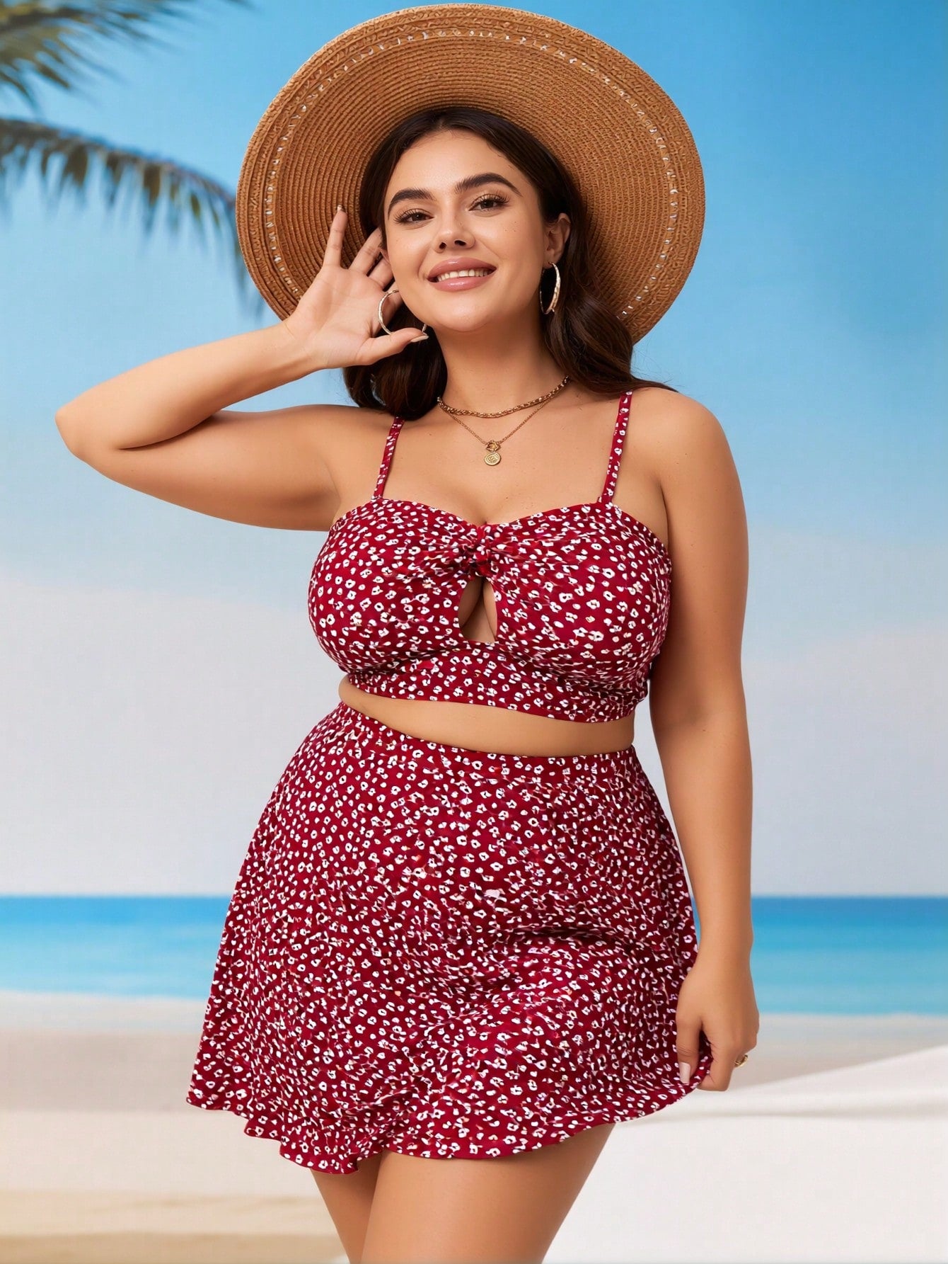2026 New Red Floral Print Bikini, Plus Size High Waist Skirted Two Piece Vacation Swimsuit