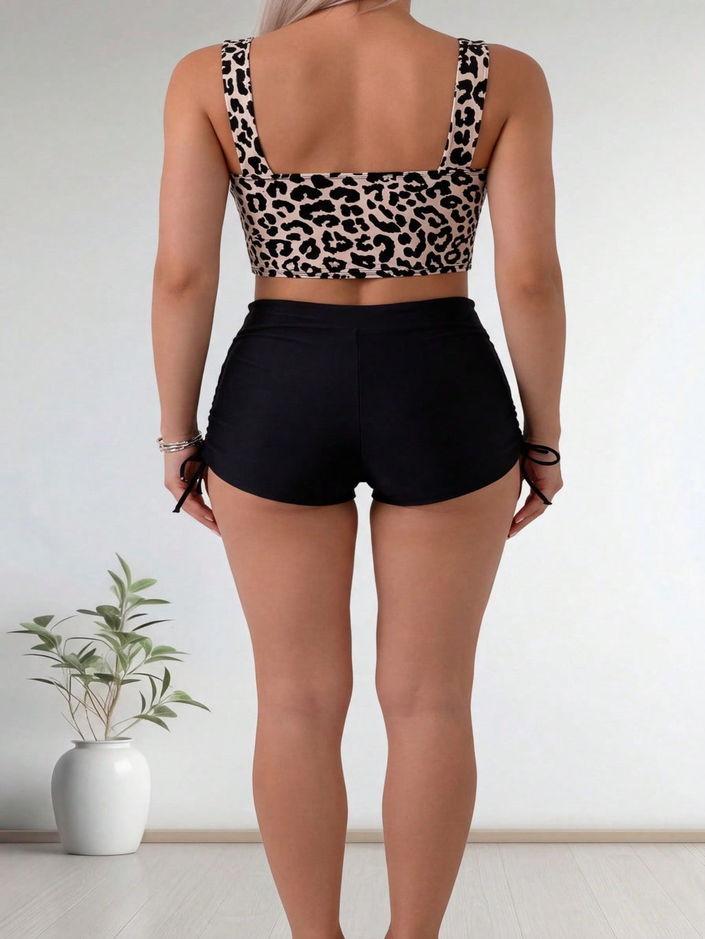 Leopard Print Square Neck Buckle Detail Side Tie Tankini Swimsuits