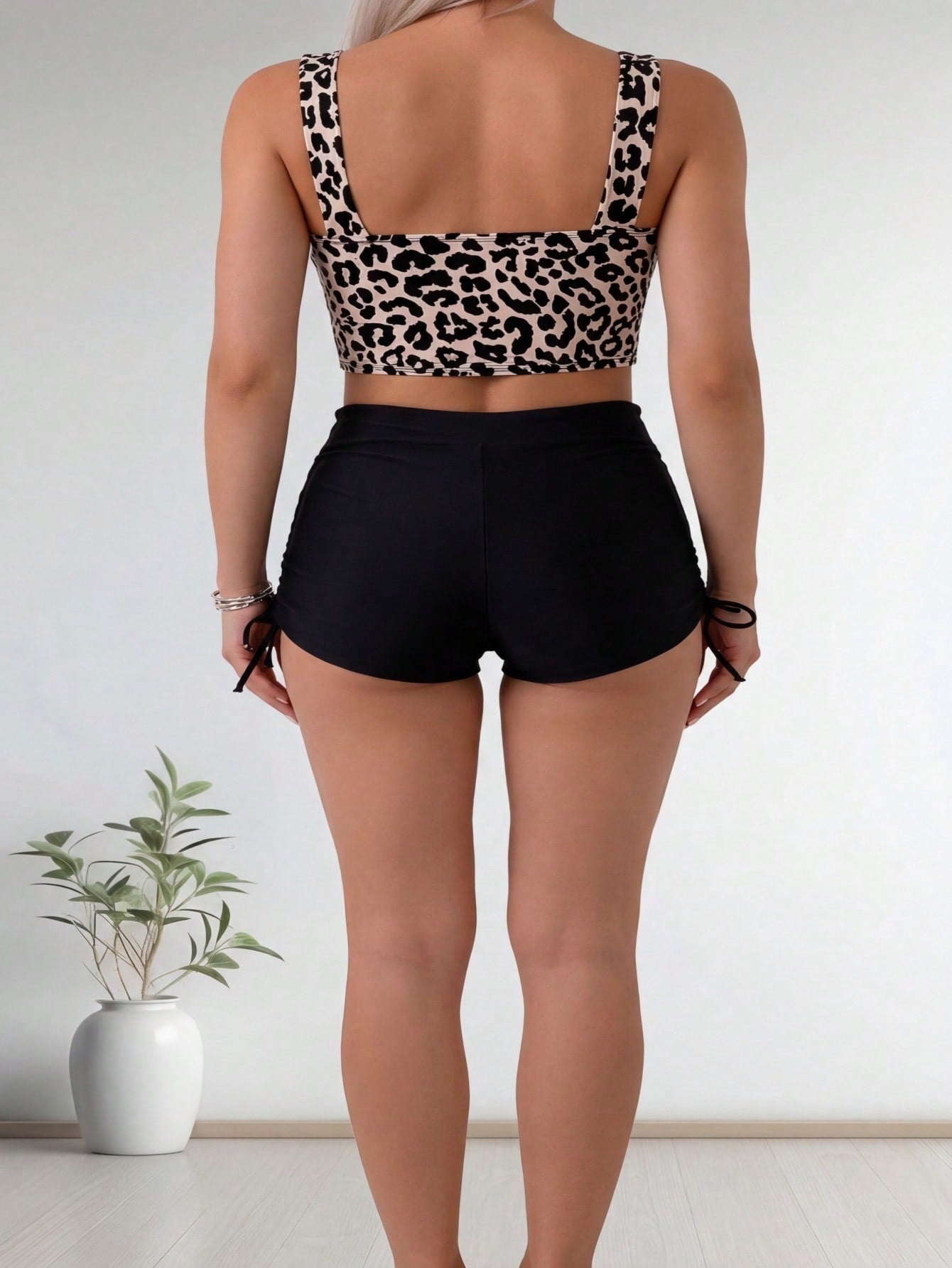 Leopard Print Square Neck Buckle Detail Side Tie Tankini Swimsuits