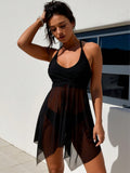 Black Sheer Mesh Twist Front Asymmetrical Hem Swim Dress Swimsuits For Women