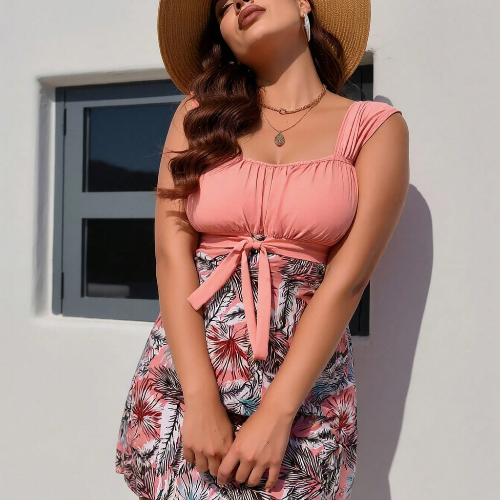 Plus Size Solid Ruffle Hem Tankini Swimsuits For Women