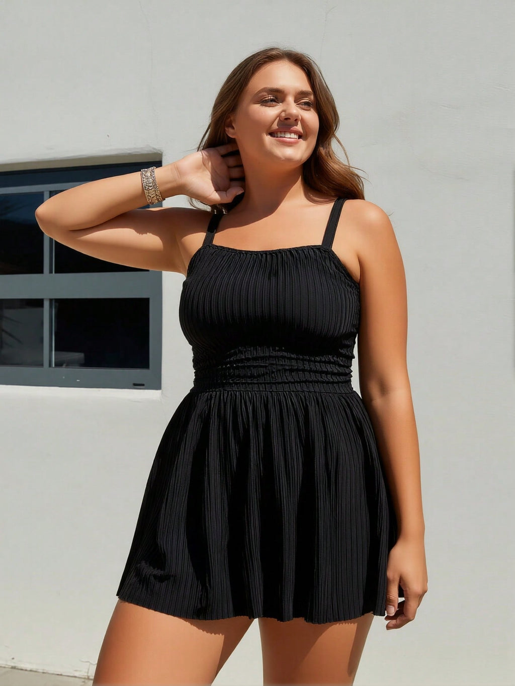 Plus Size Black Ribbed Square Neck Flared Skirt Swim Dress Swimsuits For Women