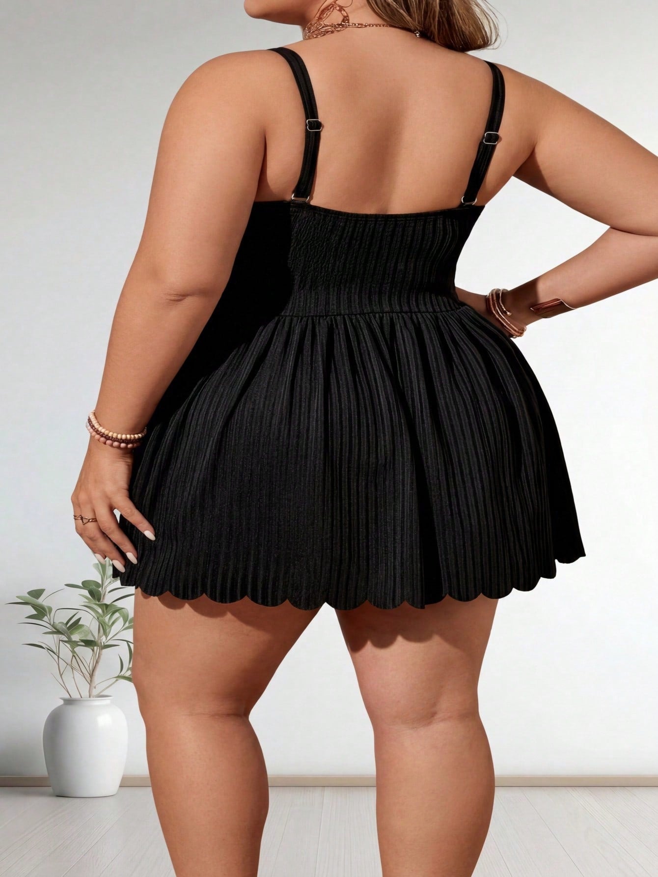 Plus Size Black Ribbed Square Neck Flared Skirt Swim Dress Swimsuits For Women