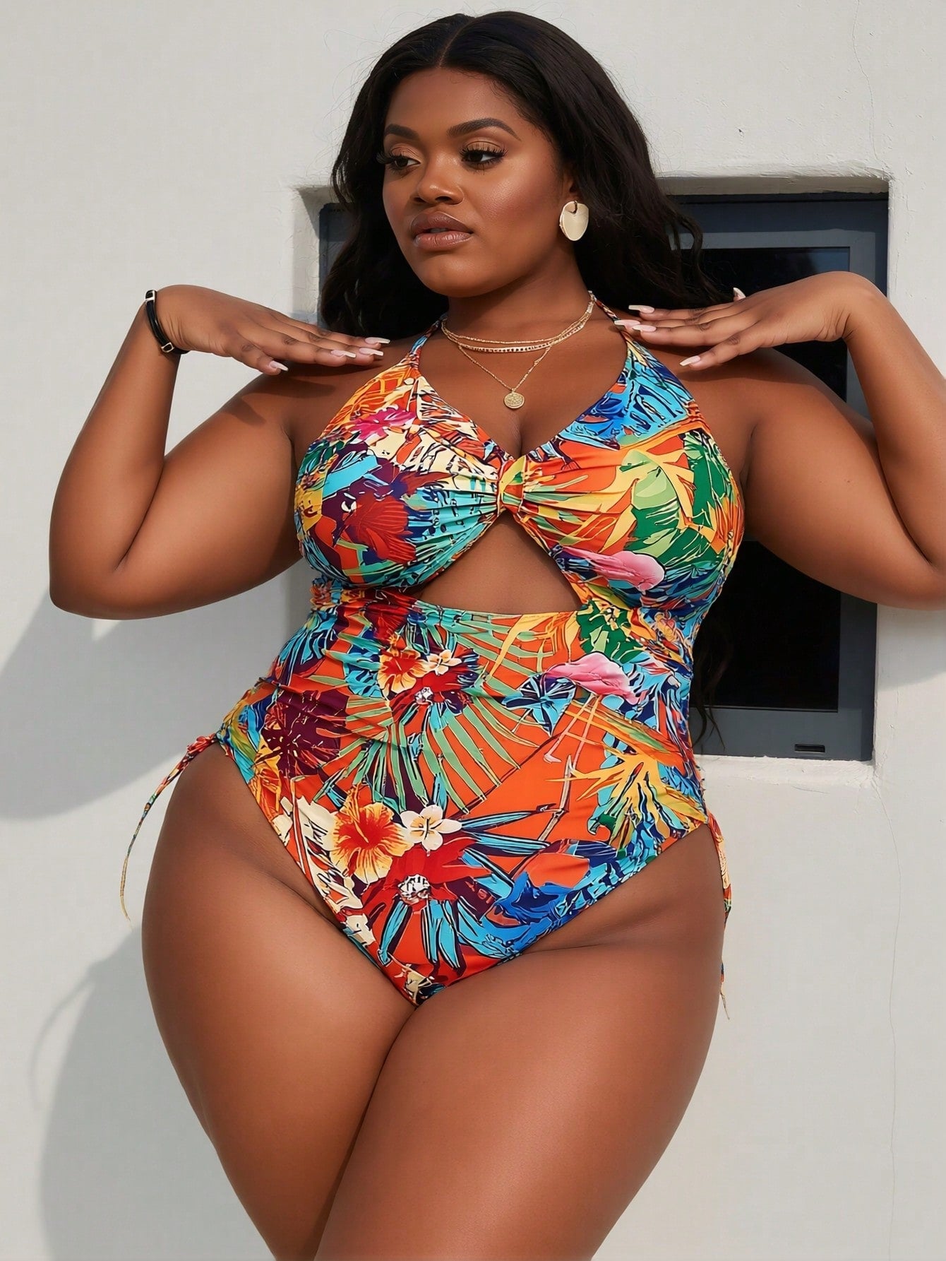 Plus Size Tropical Floral Print Halter Cutout Side Tie One Piece Swimsuits
