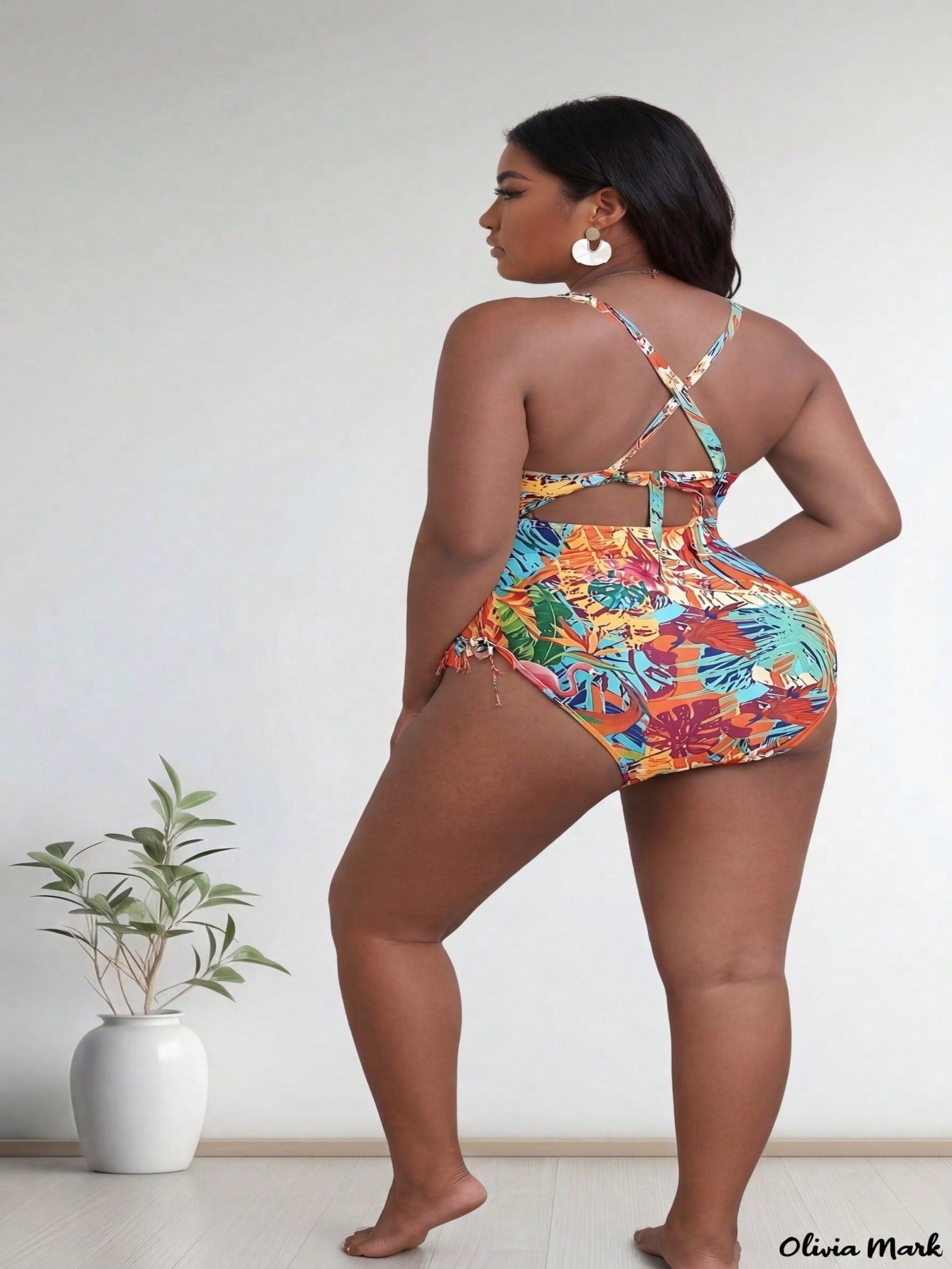 Plus Size Tropical Floral Print Halter Cutout Side Tie One Piece Swimsuits