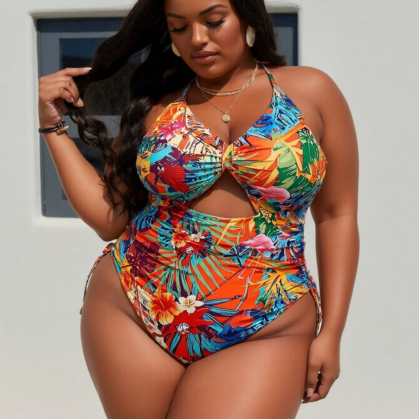 Plus Size Tropical Floral Print Halter Cutout Side Tie One Piece Swimsuits