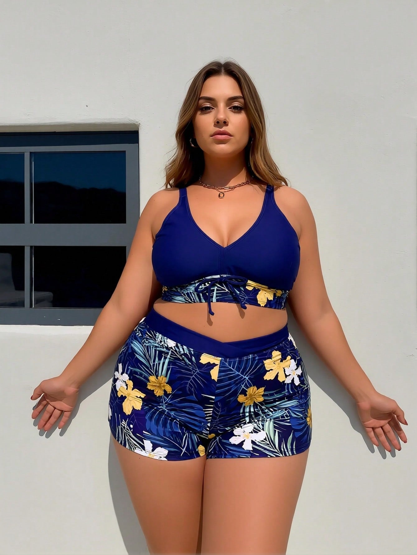 Plus Size Navy Blue Tropical Floral Print Halter Tie Front High Waist Bikini Set