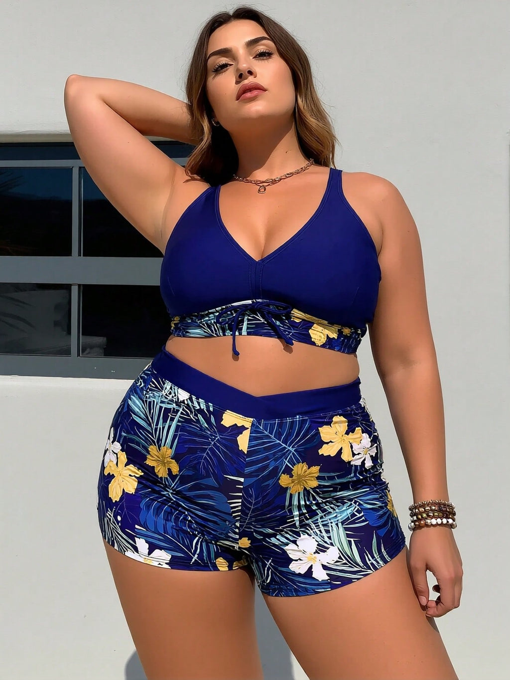 Plus Size Navy Blue Tropical Floral Print Halter Tie Front High Waist Bikini Set