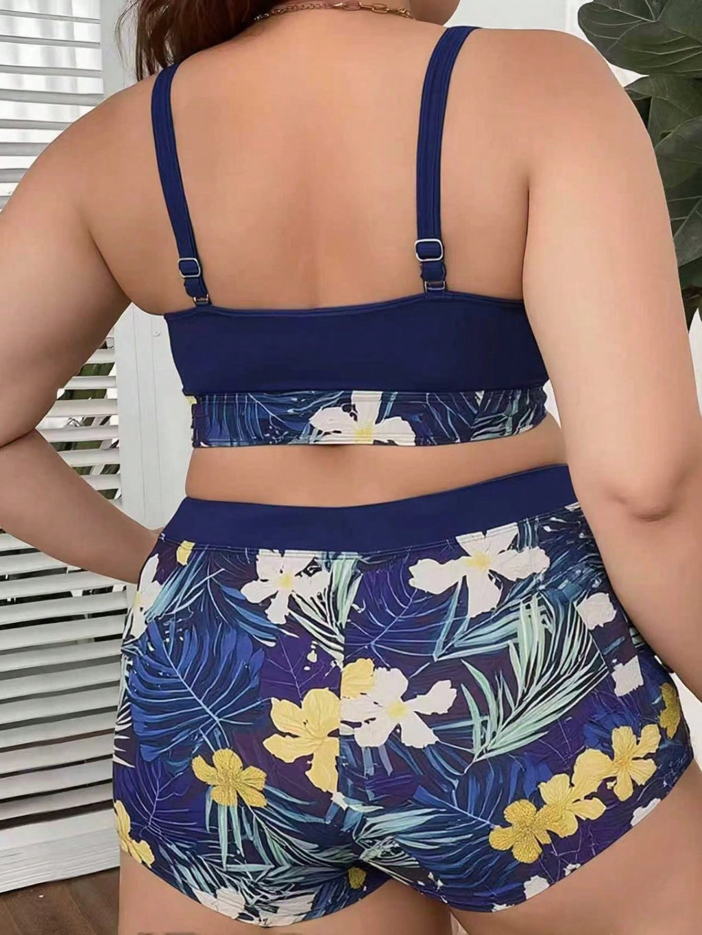 Plus Size Navy Blue Tropical Floral Print Halter Tie Front High Waist Bikini Set