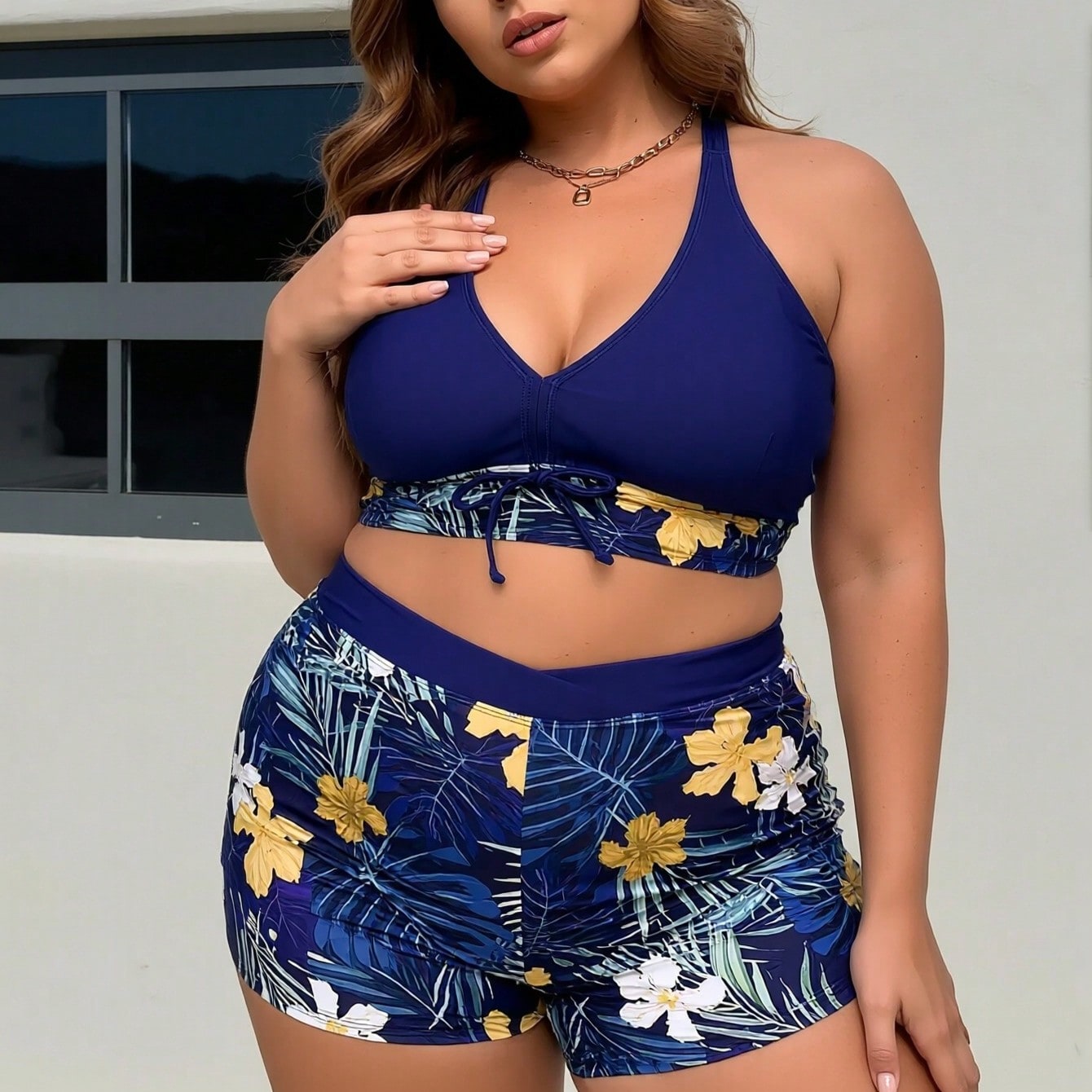 Plus Size Navy Blue Tropical Floral Print Halter Tie Front High Waist Bikini Set