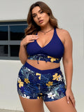 Plus Size Navy Blue Tropical Floral Print Halter Tie Front High Waist Bikini Set