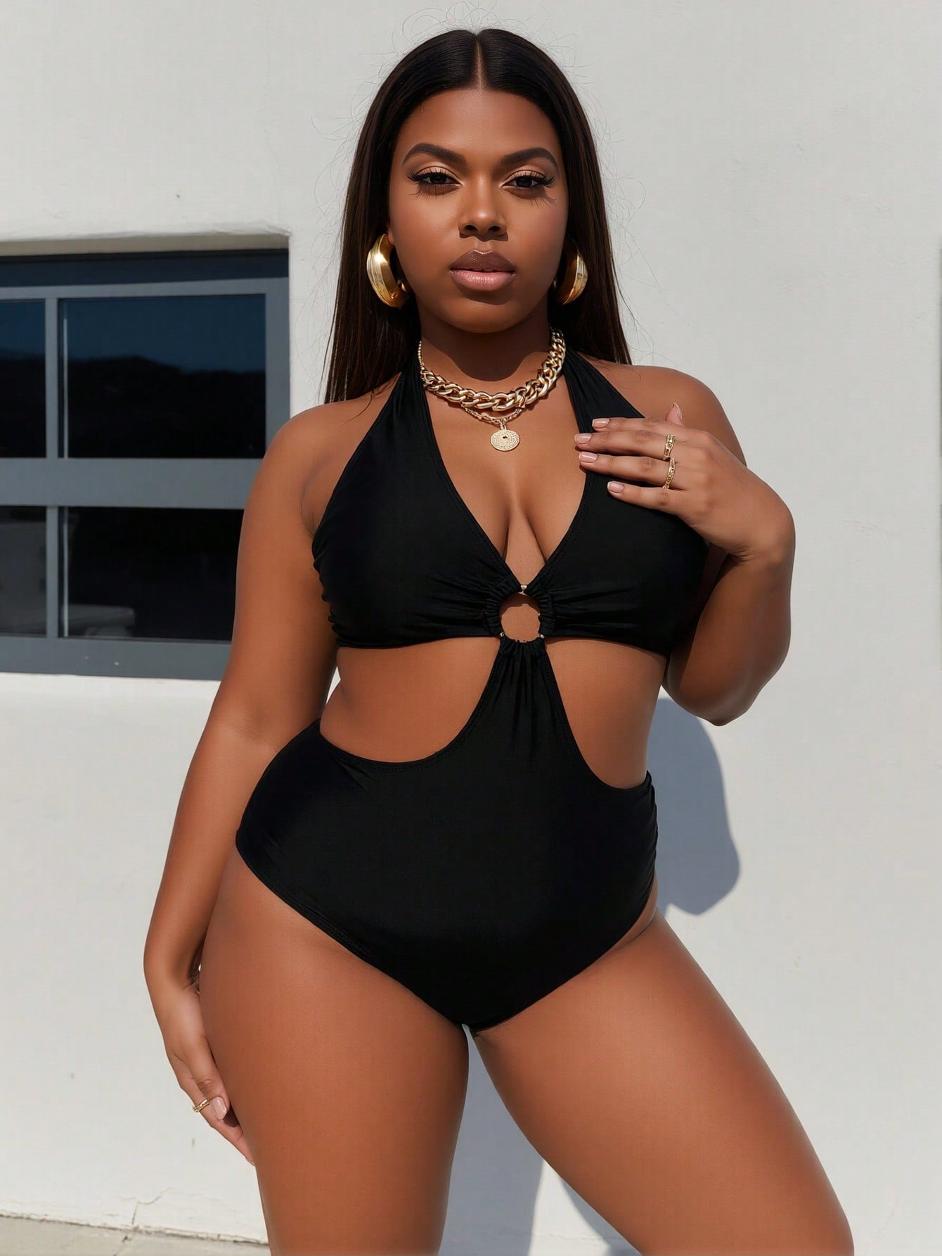 Plus Size Black Halter Cutout O-Ring One Piece Swimsuits For Women