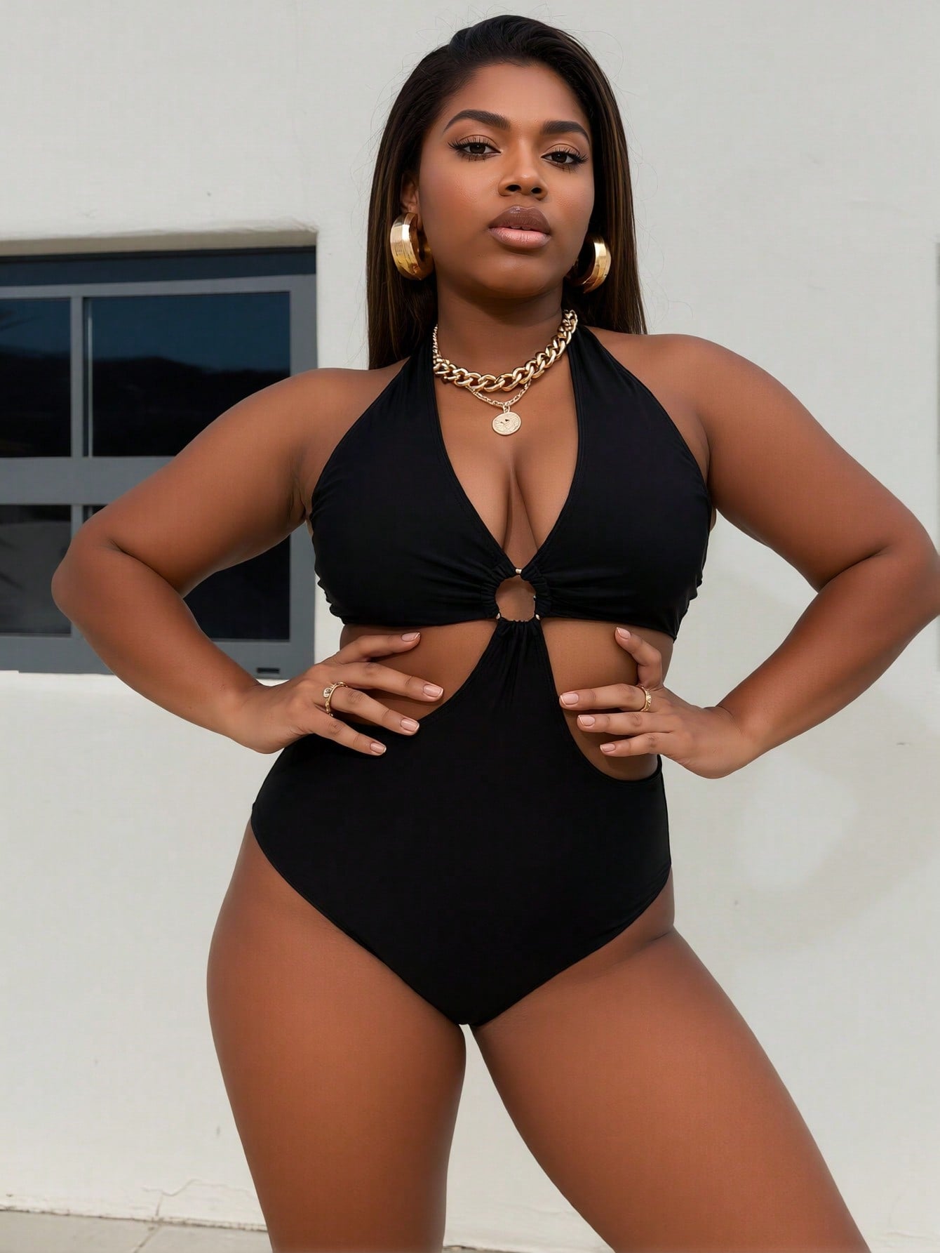 Plus Size Black Halter Cutout O-Ring One Piece Swimsuits For Women