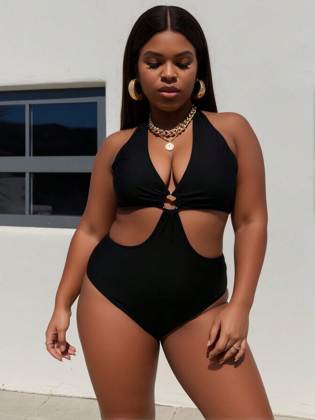 Plus Size Black Halter Cutout O-Ring One Piece Swimsuits For Women