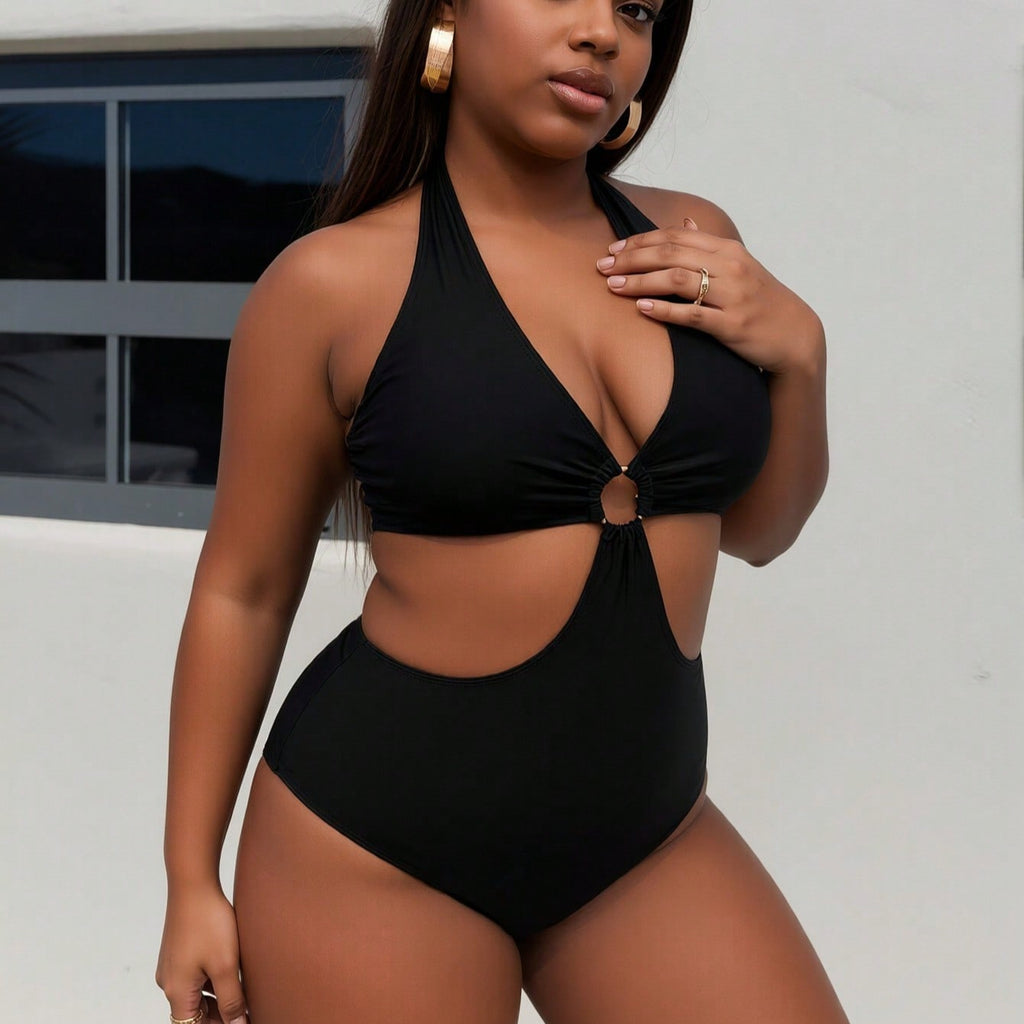 Plus Size Black Halter Cutout O-Ring One Piece Swimsuits For Women