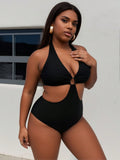 Plus Size Black Halter Cutout O-Ring One Piece Swimsuits For Women