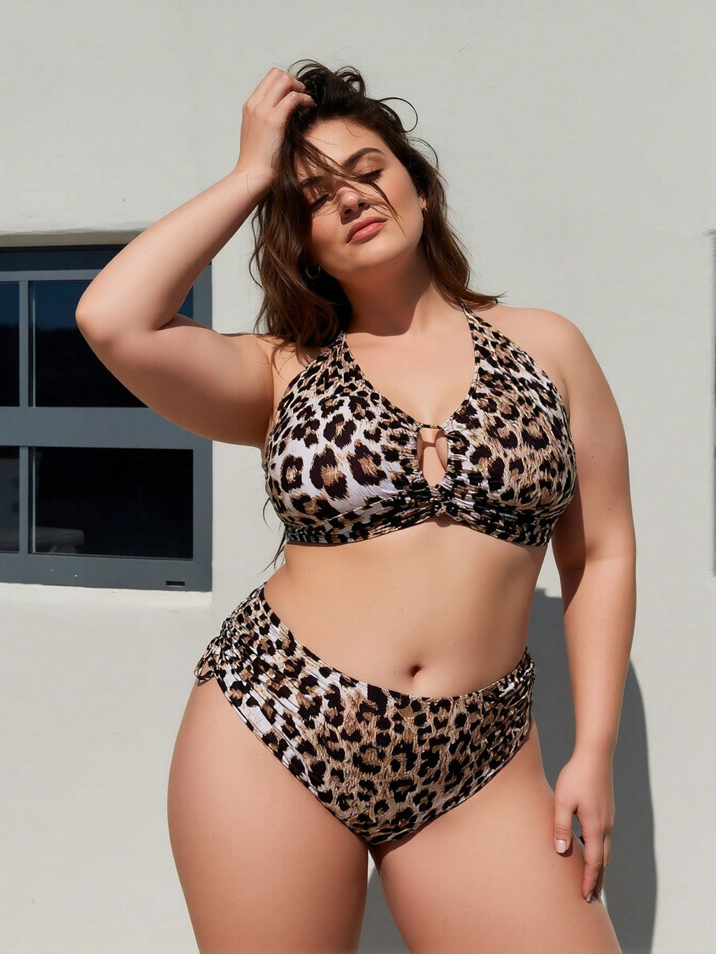 Plus Size Leopard Print Halter High Waist Bikini Set