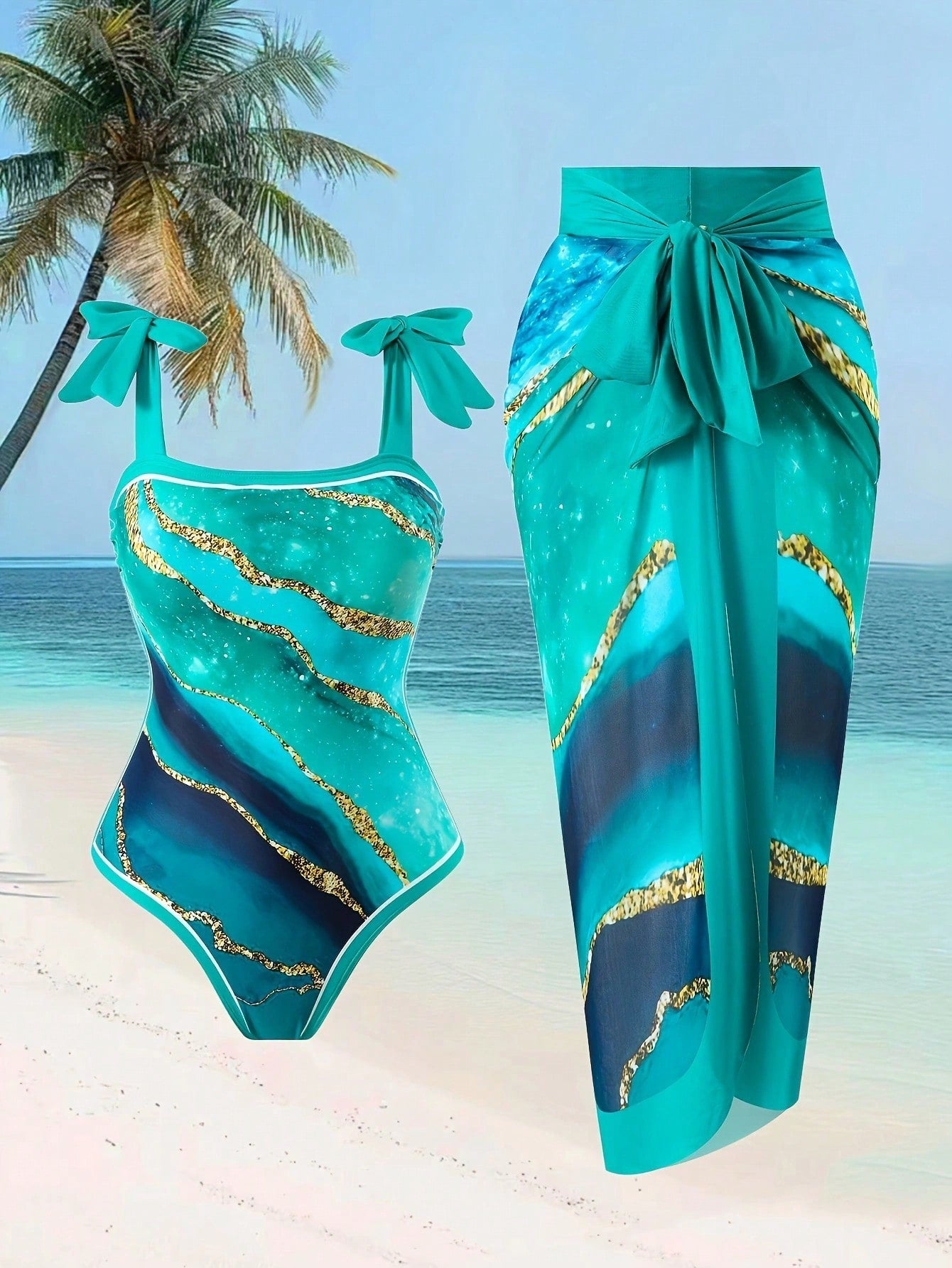 Teal Marble Print Bow Strap One Piece Swimsuit With Matching Sarong Cover Up