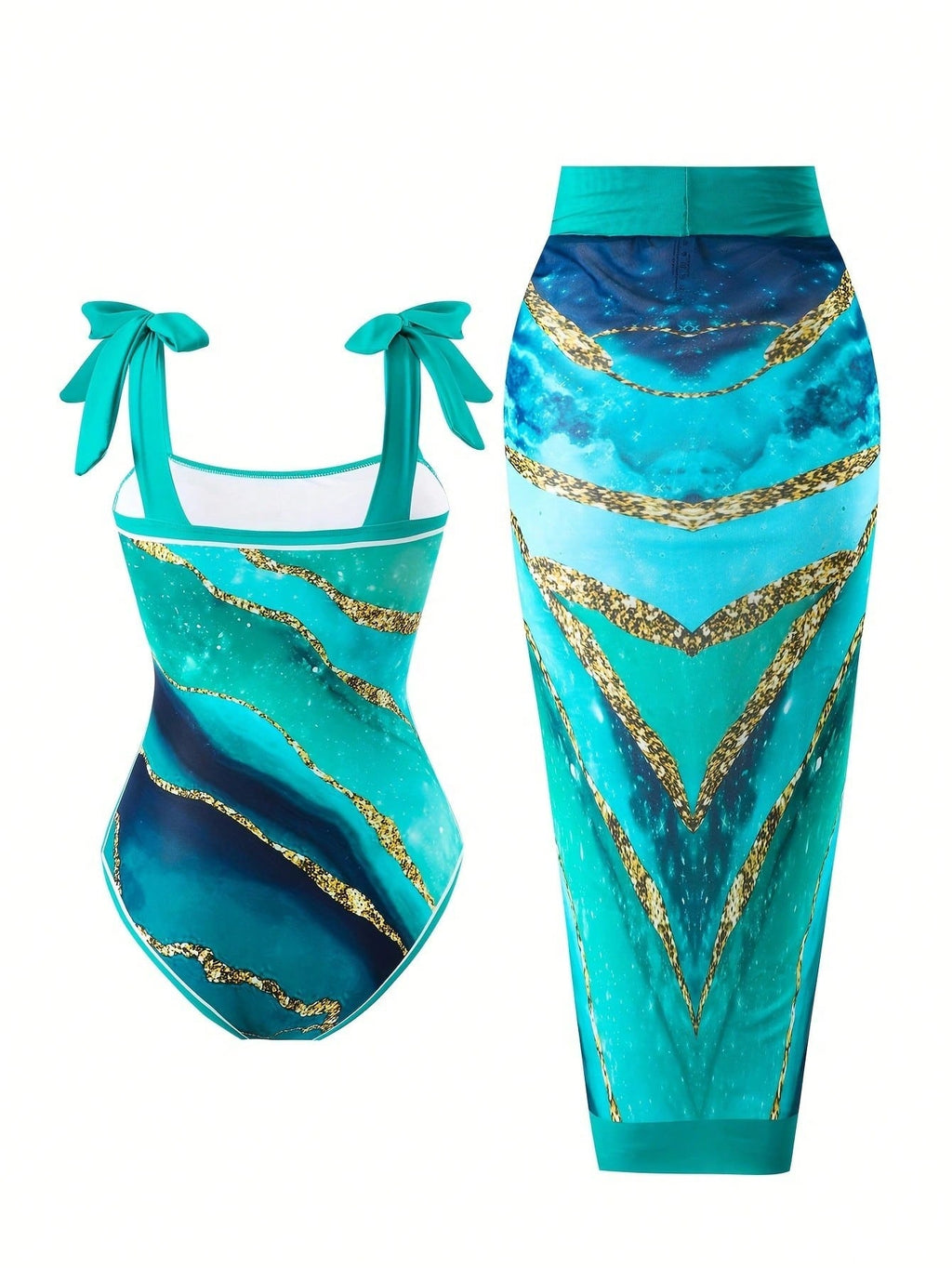 Plus Size Teal Marble Print Bow Strap One Piece Swimsuits