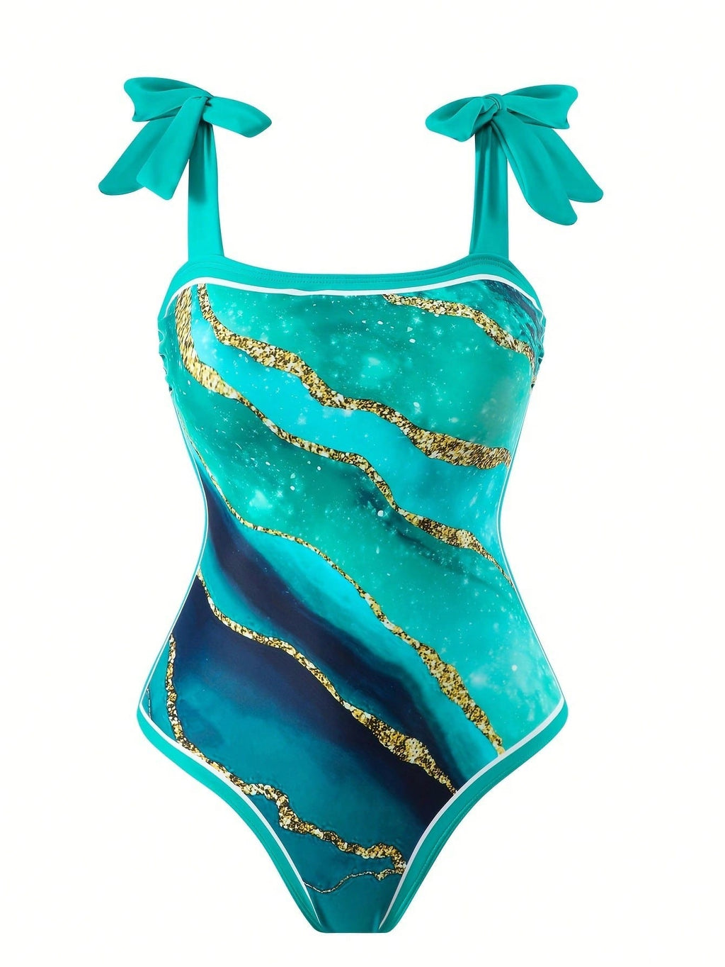 Teal Marble Print Bow Strap One Piece Swimsuit With Matching Sarong Cover Up