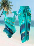 Teal Marble Print Bow Strap One Piece Swimsuit With Matching Sarong Cover Up