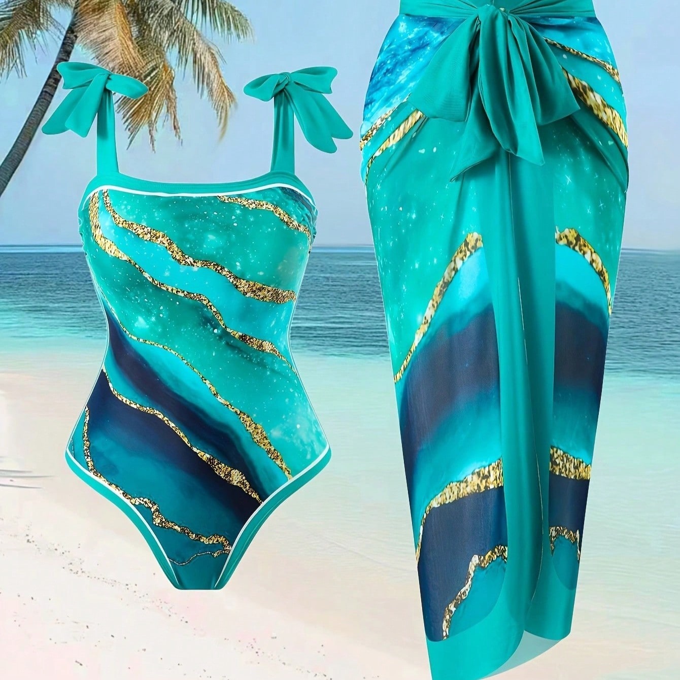 Plus Size Teal Marble Print Bow Strap One Piece Swimsuits