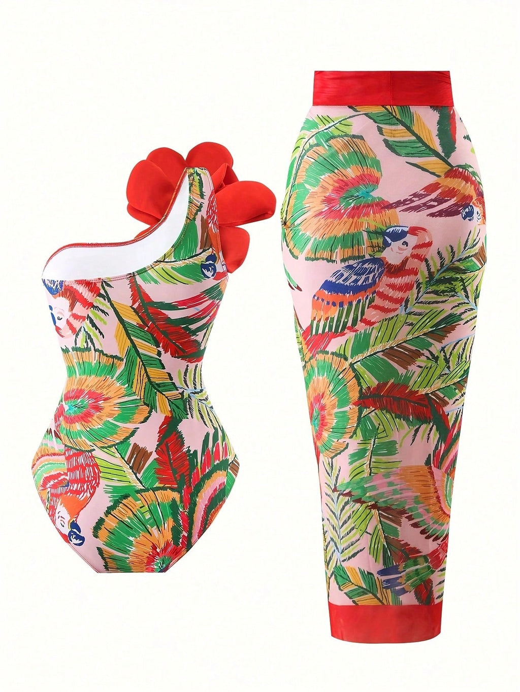Tropical Floral Print 3D Flower Bandeau One Piece Swimsuit With Sarong Cover Up
