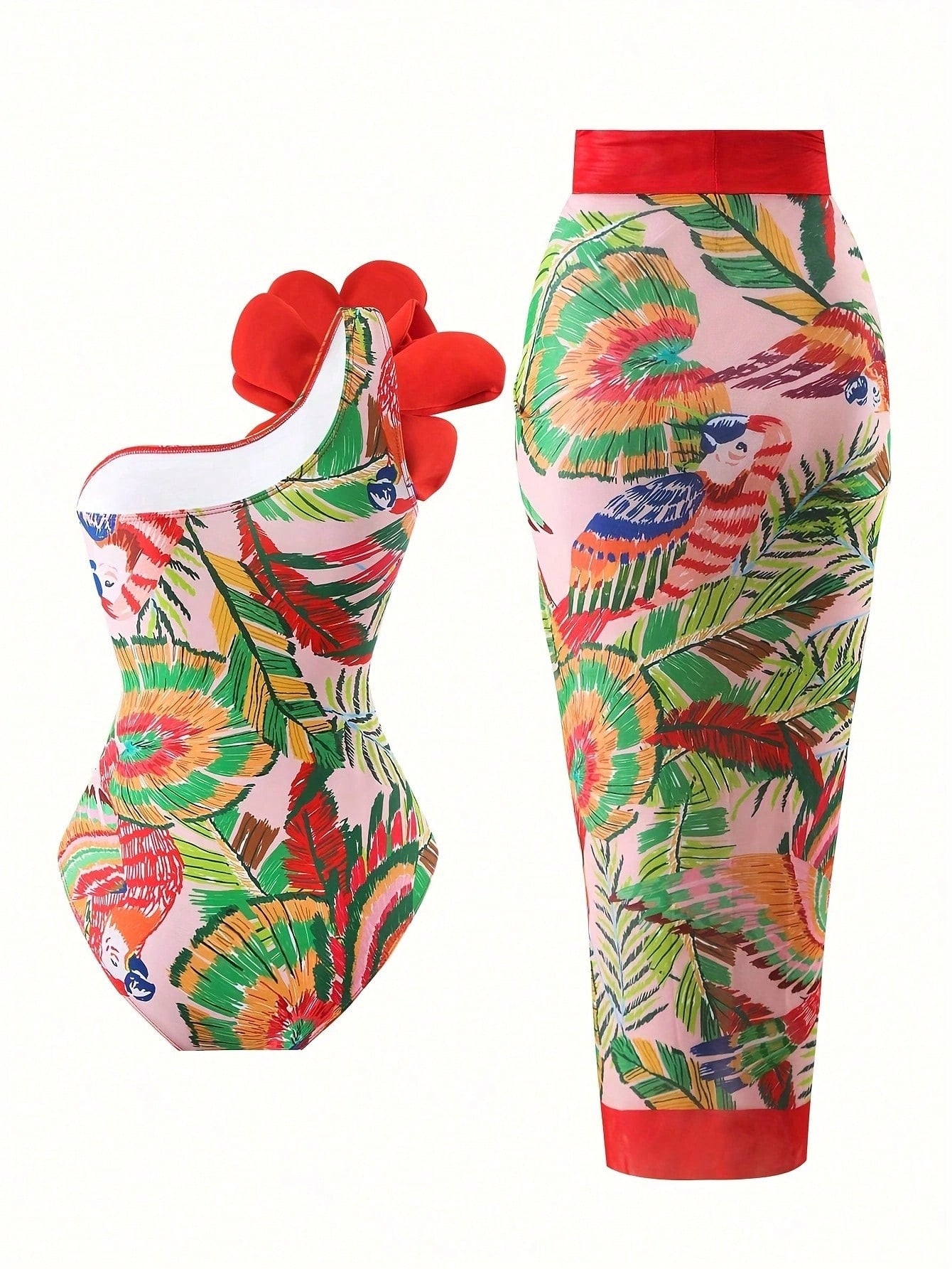 Tropical Floral Print 3D Flower Bandeau One Piece Swimsuit With Sarong Cover Up