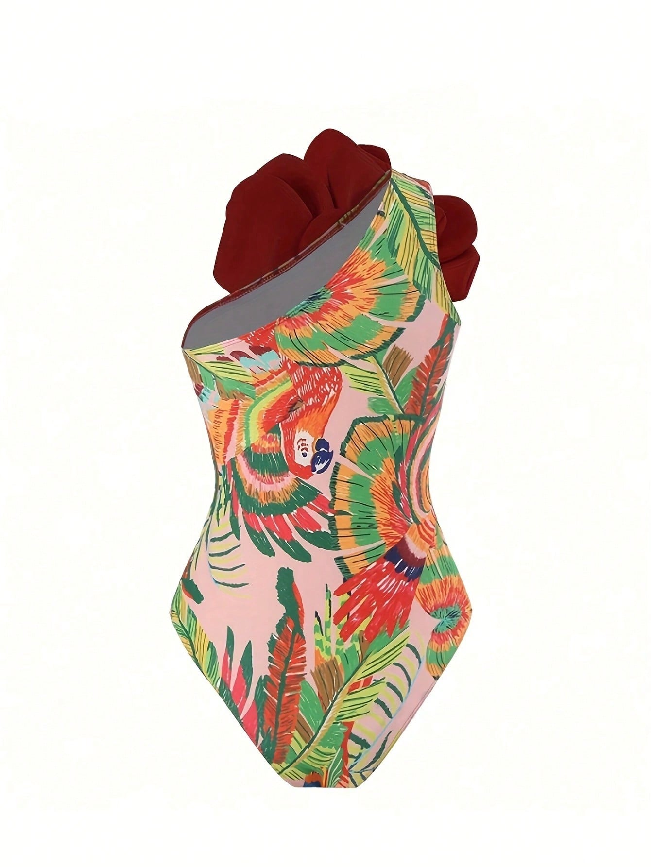 Tropical Floral Print 3D Flower Bandeau One Piece Swimsuit With Sarong Cover Up
