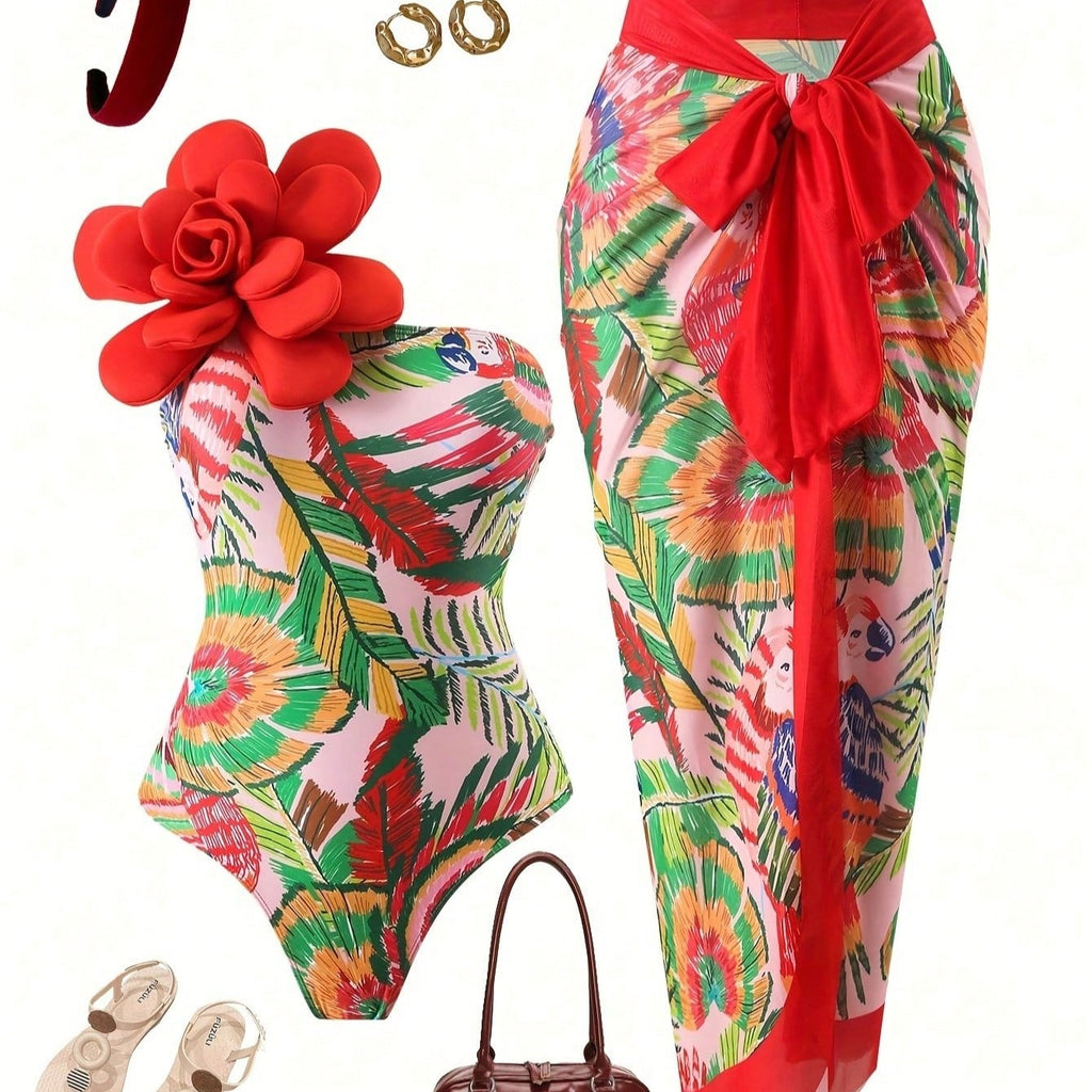 Tropical Floral Print 3D Flower Bandeau One Piece Swimsuit With Sarong Cover Up