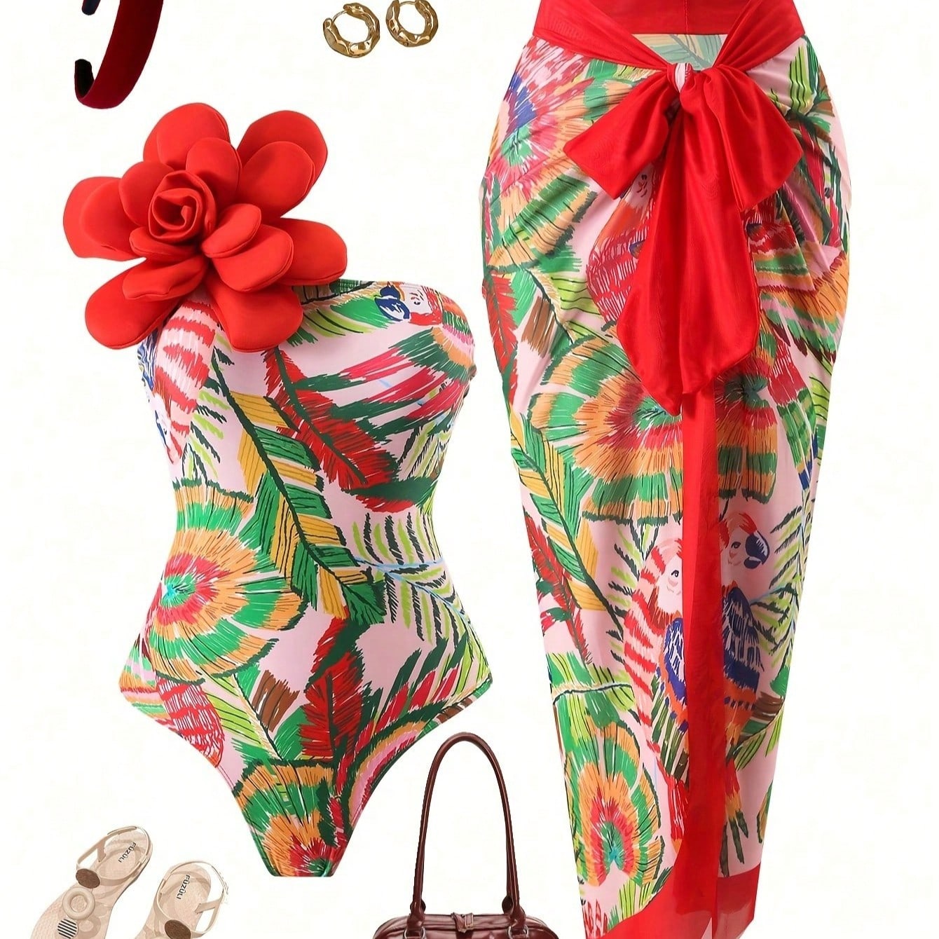 Tropical Floral Print 3D Flower Bandeau One Piece Swimsuit With Sarong Cover Up