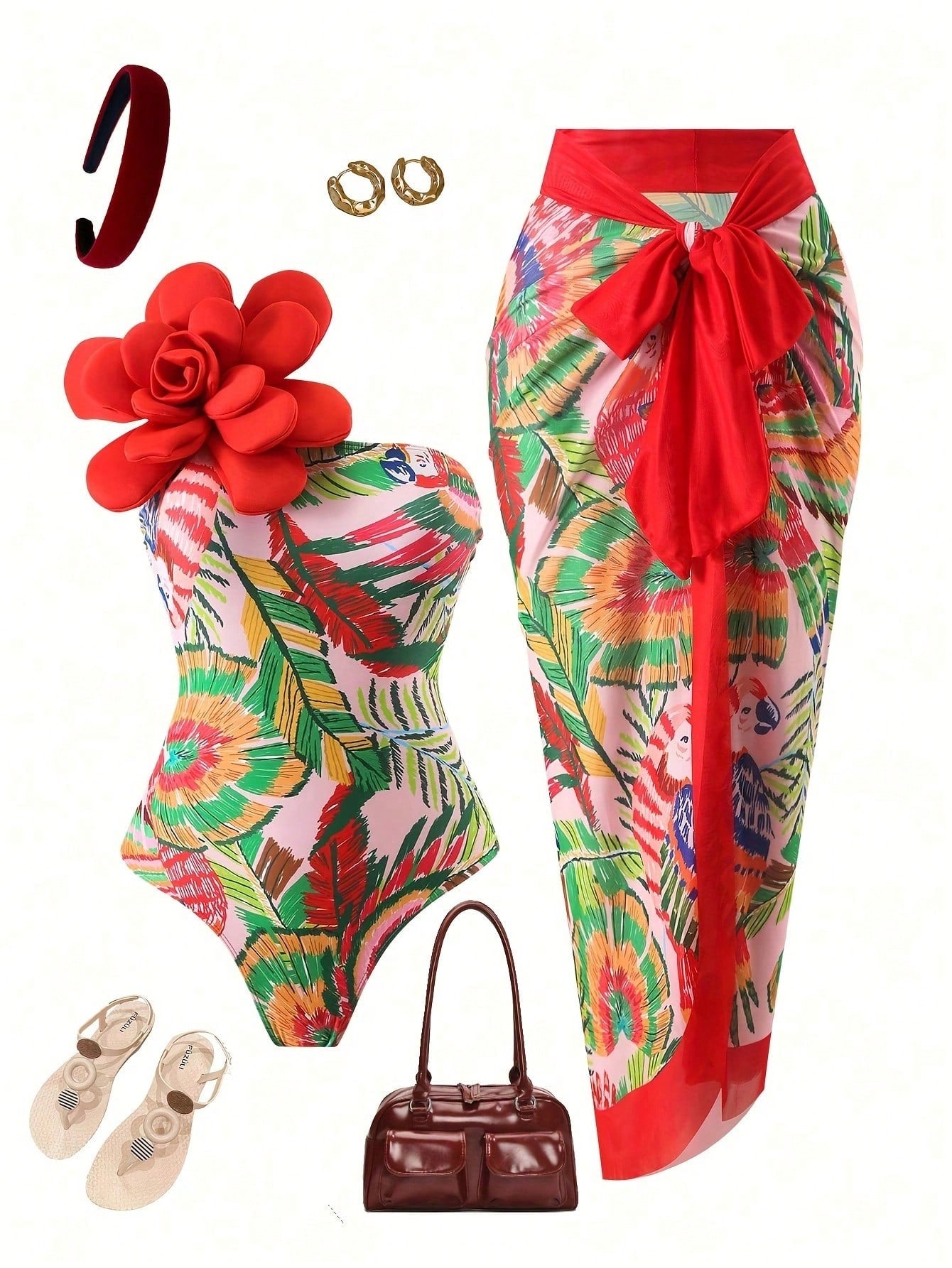 Tropical Floral Print 3D Flower Bandeau One Piece Swimsuit With Sarong Cover Up