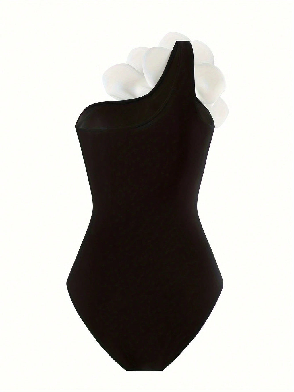 Black Bandeau One Piece Swimsuit With 3D White Flower Decor