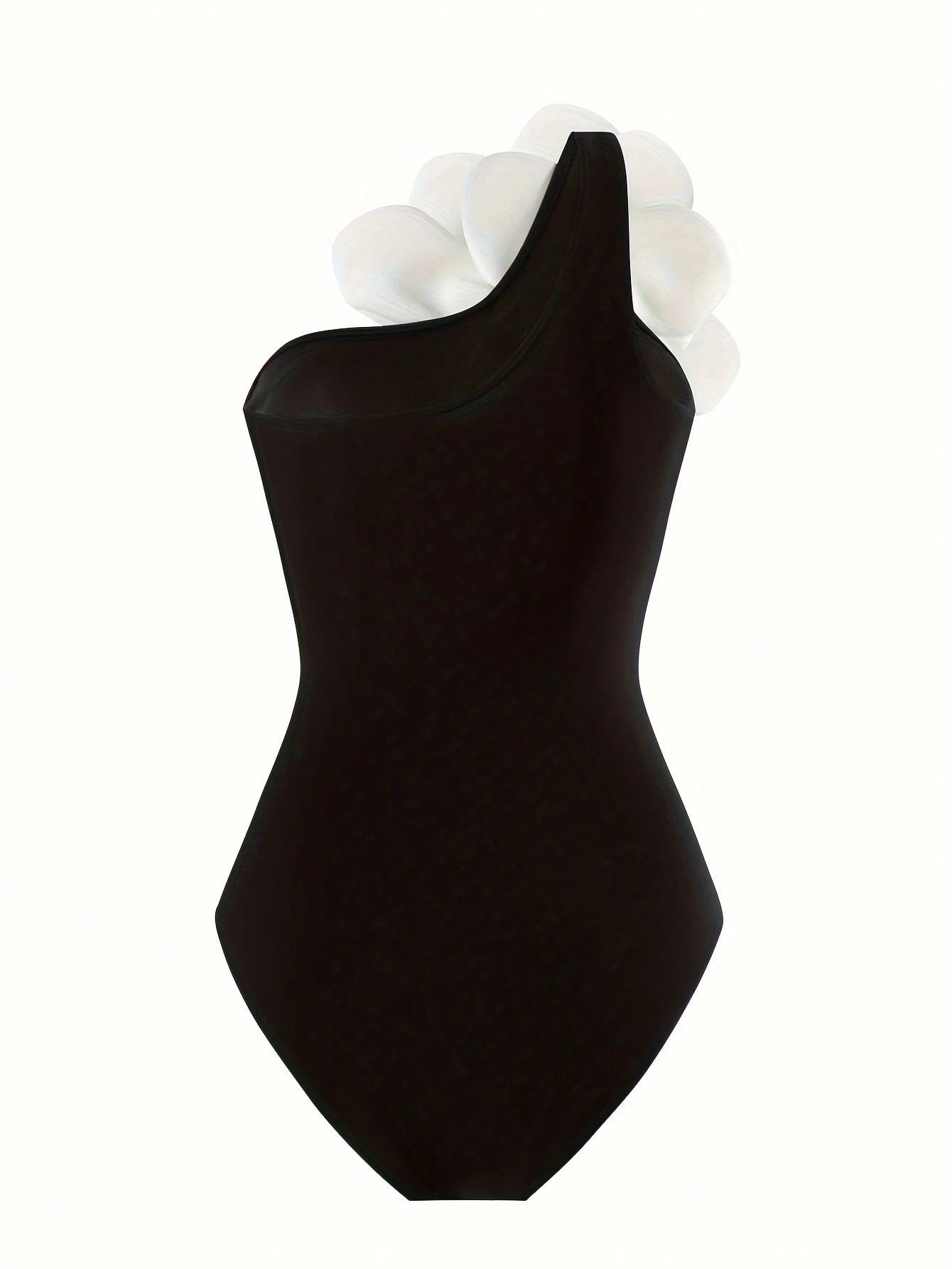 Black Bandeau One Piece Swimsuit With 3D White Flower Decor