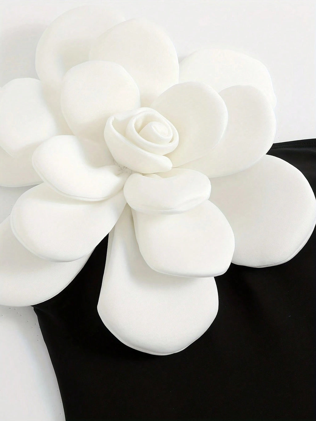 Black Bandeau One Piece Swimsuit With 3D White Flower Decor