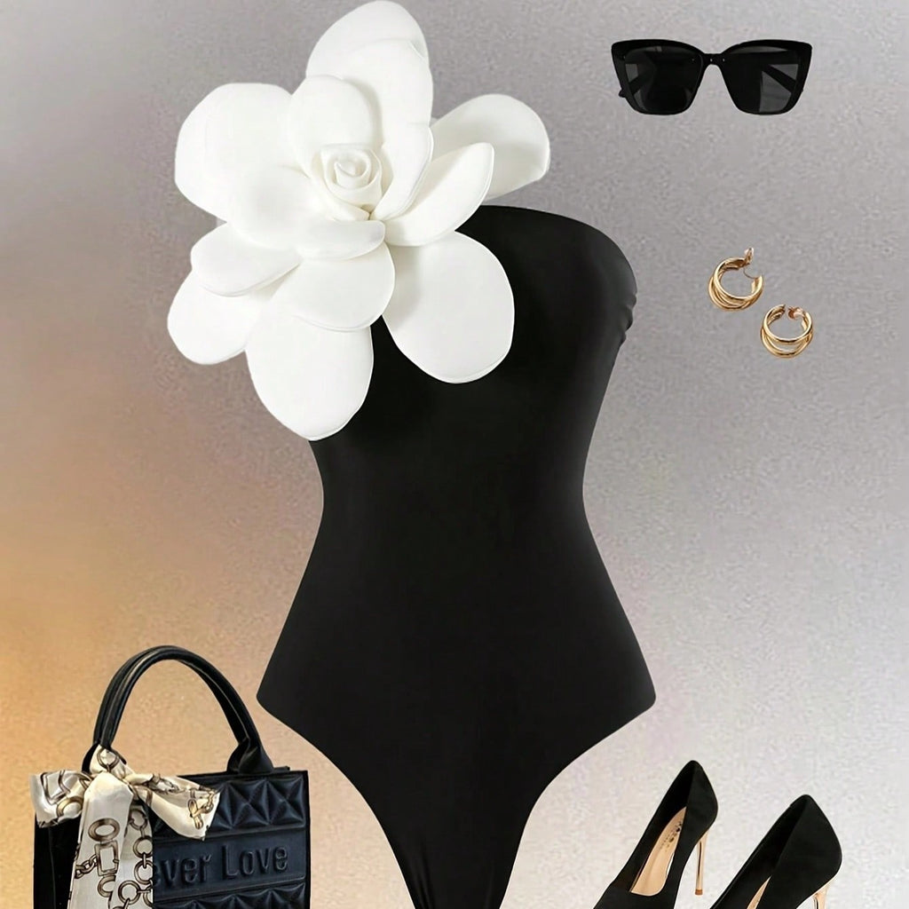 Black Bandeau One Piece Swimsuit With 3D White Flower Decor