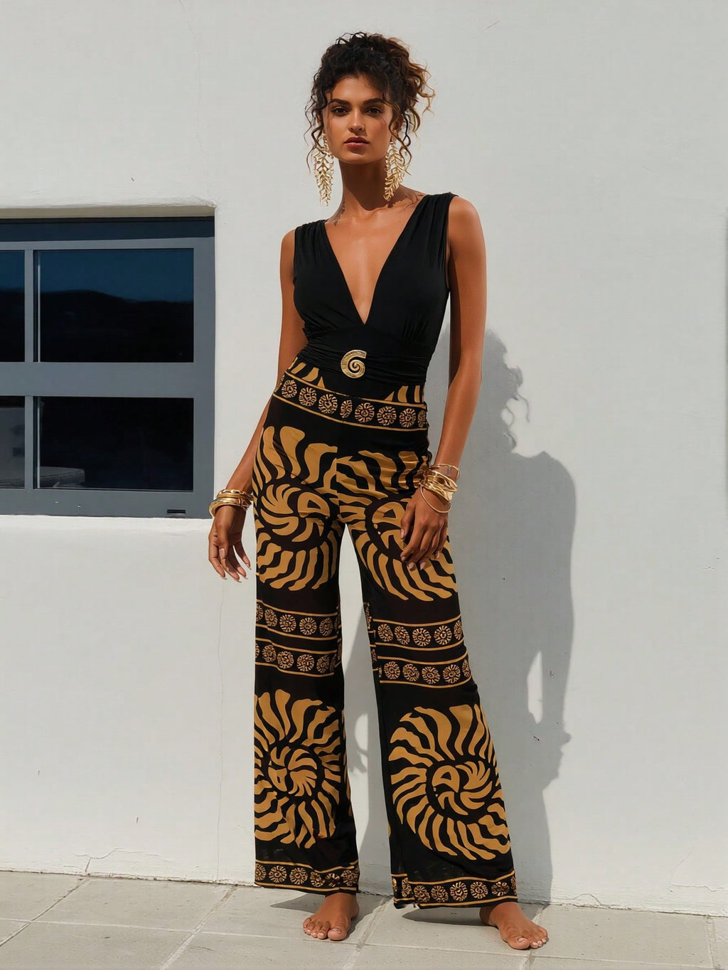 2026 New  Sleeveless Jumpsuit, Deep V Neck & Metal Buckle & Retro Print Wide Leg Pants, Vacation Casual Women's Outfit