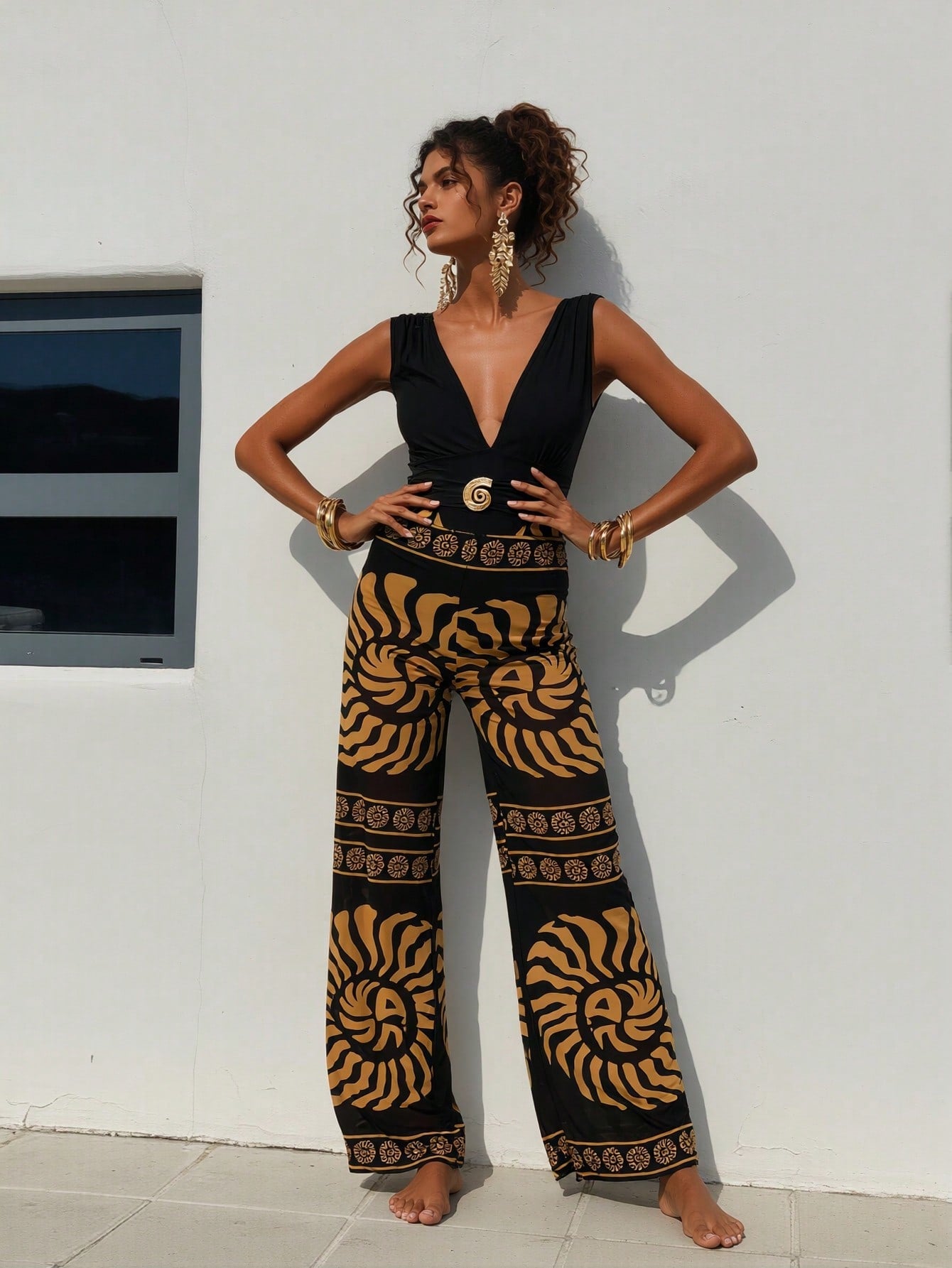 2026 New  Sleeveless Jumpsuit, Deep V Neck & Metal Buckle & Retro Print Wide Leg Pants, Vacation Casual Women's Outfit