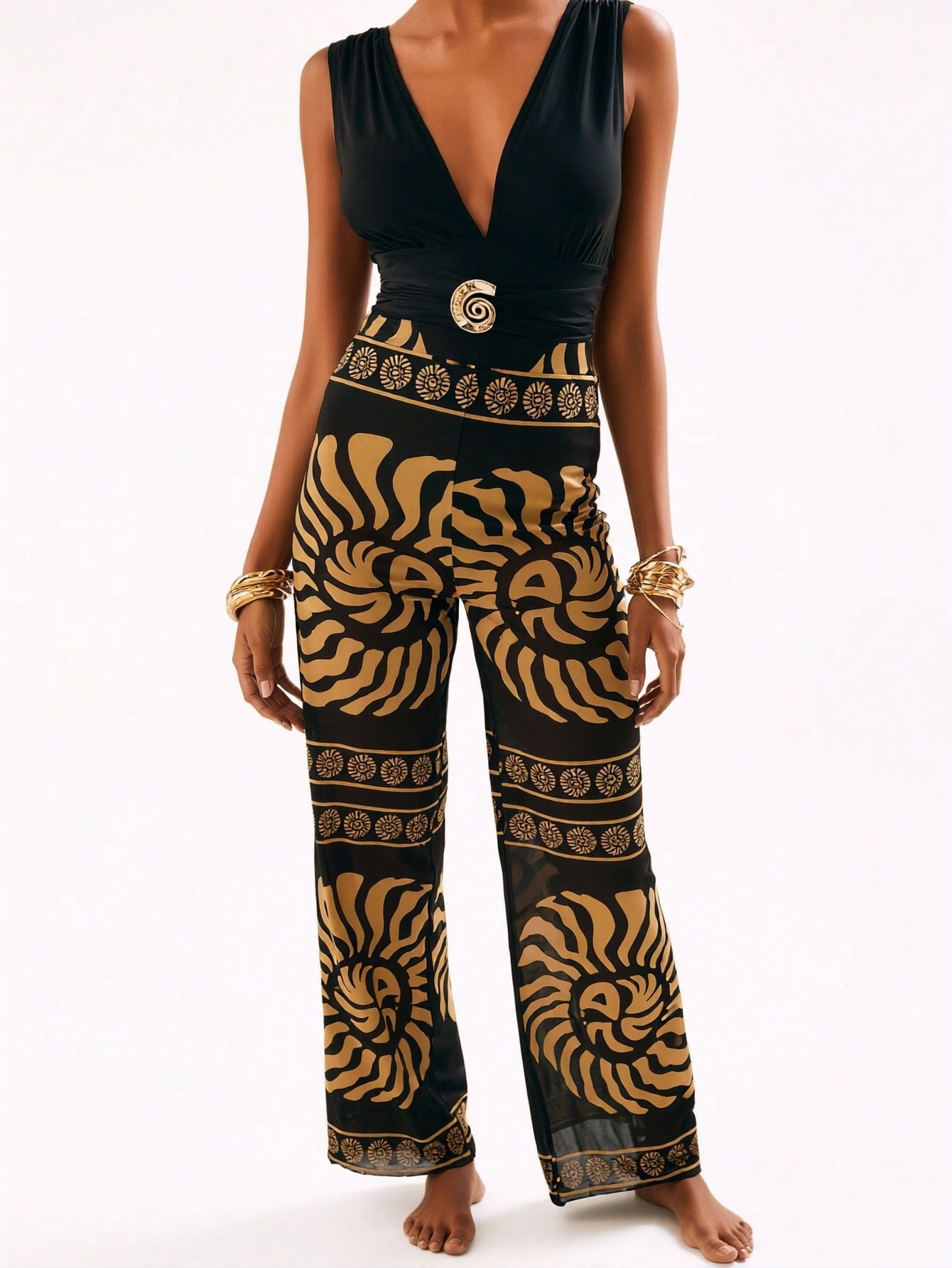 2026 New  Sleeveless Jumpsuit, Deep V Neck & Metal Buckle & Retro Print Wide Leg Pants, Vacation Casual Women's Outfit