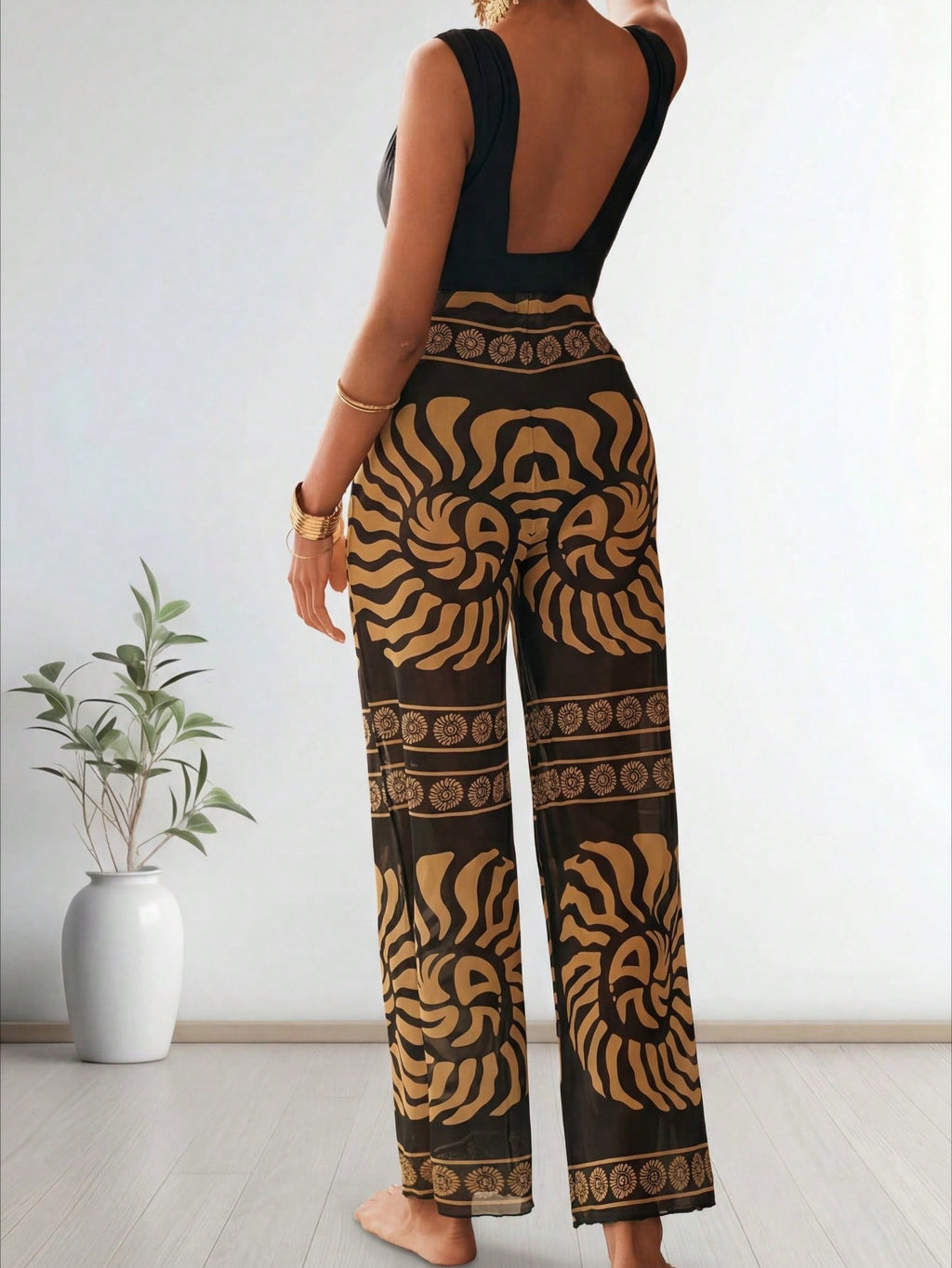2026 New  Sleeveless Jumpsuit, Deep V Neck & Metal Buckle & Retro Print Wide Leg Pants, Vacation Casual Women's Outfit